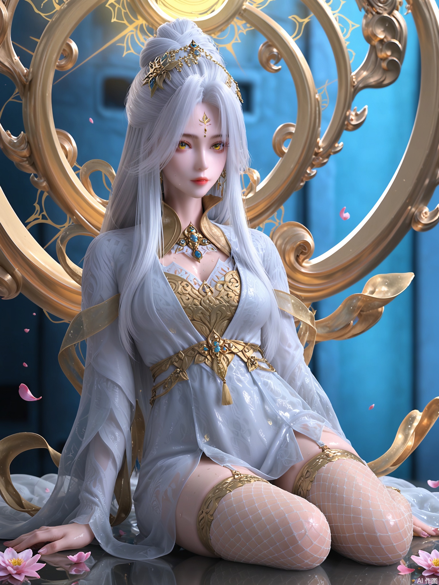 score_9,score_8_up,score_7_up,1girl,looking_at_viewer,realistic,1girl,Vivid Colors,bright environment,delicate water,hair_ornament,shiny skin,shiny hair,reflection,dress,flower sea,falling petals,extreme detail description,(full body:0.3),put one hand on your side,long_hair,(skindentation:1.3),Fishnet stockings,bright,sunshine on face,white hair,light,sweating,white dress,forehead_mark,light,pillar,sitting_down,yellow_eyes