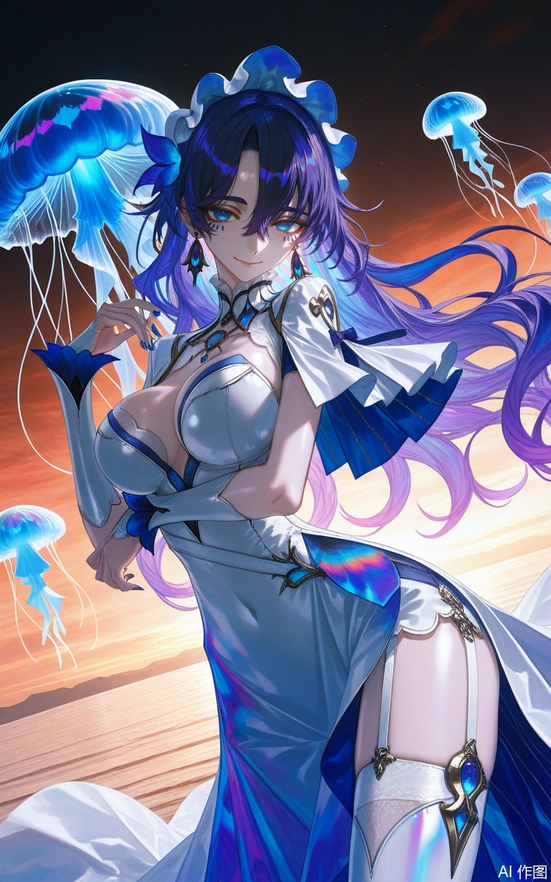 ,kanteleila,1girl,breasts,jellyfish,solo,dress,jewelry,long hair,large breasts,blue hair,smile,white dress,earrings,looking at viewer,thighhighs,white thighhighs,gloves,cleavage,blue eyes,cowboy shot,garter straps,arm under breasts,facial mark,covered navel,purple hair,white headwear,hair between eyes,closed mouth,bonnet,hair ornament,side slit,thighs,hand up,blue nails,parted bangs,7,close-up details,outstanding style,adding a touch of dimension to your images without compromising details,whirls of vapor,iridescent textures,(Anime:1.1),ethereal ambiance,delicate details,magical high-concept,32K UHD,sharp focus,best-quality,masterpiece,golden hour,unconventional supreme masterpiece,masterful details,temperate atmosphere,with a high-end texture,in the style of fashion photography,photography,cover,dynamic angle,dynamic posture,(artist:quasarcake:0.8),extreme aesthetic,(wlop:0.6),(honjou raita, lack, rella:0.5, wanke),masterpiece,best quality,good quality,very aesthetic,absurdres,visual impact,a shot with tension,ultra-high resolution,32K UHD,sharp focus,best-quality,masterpiece,emotionalization,unconventional supreme masterpiece,masterful details,temperate atmosphere,with a high-end texture,in the style of fashion photography,(visual impact:1.2),giving the poster a dynamic and visually striking appearance,impactful picture,official art,colorful,splash of color,movie perspective,masterpiece,best quality,amazing quality,very aesthetic,absurdres,best quality,newest,