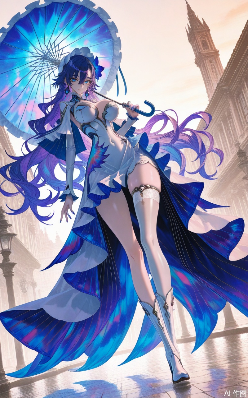 kanteleila,1girl,breasts,solo,dress,long hair,holding,umbrella,white dress,jewelry,holding umbrella,earrings,thighhighs,blue hair,looking at viewer,white footwear,white thighhighs,boots,large breasts,purple hair,single thighhigh,blue eyes,full body,cleavage,outdoors,smile,very long hair,closed mouth,detached sleeves,standing,hair ornament,asymmetrical legwear,blue flower,hair between eyes,nail polish,frills,flower,blue nails,building,thigh strap,walking,5,,close-up details,outstanding style,adding a touch of dimension to your images without compromising details,whirls of vapor,iridescent textures,(Anime:1.1),ethereal ambiance,delicate details,magical high-concept,32K UHD,sharp focus,best-quality,masterpiece,golden hour,unconventional supreme masterpiece,masterful details,temperate atmosphere,with a high-end texture,in the style of fashion photography,photography,cover,dynamic angle,dynamic posture,(artist:quasarcake:0.8),extreme aesthetic,(wlop:0.6),(honjou raita, lack, rella:0.5, wanke),masterpiece,best quality,good quality,very aesthetic,absurdres,visual impact,a shot with tension,ultra-high resolution,32K UHD,sharp focus,best-quality,masterpiece,emotionalization,unconventional supreme masterpiece,masterful details,temperate atmosphere,with a high-end texture,in the style of fashion photography,(visual impact:1.2),giving the poster a dynamic and visually striking appearance,impactful picture,official art,colorful,splash of color,movie perspective,masterpiece,best quality,amazing quality,very aesthetic,absurdres,best quality,newest,