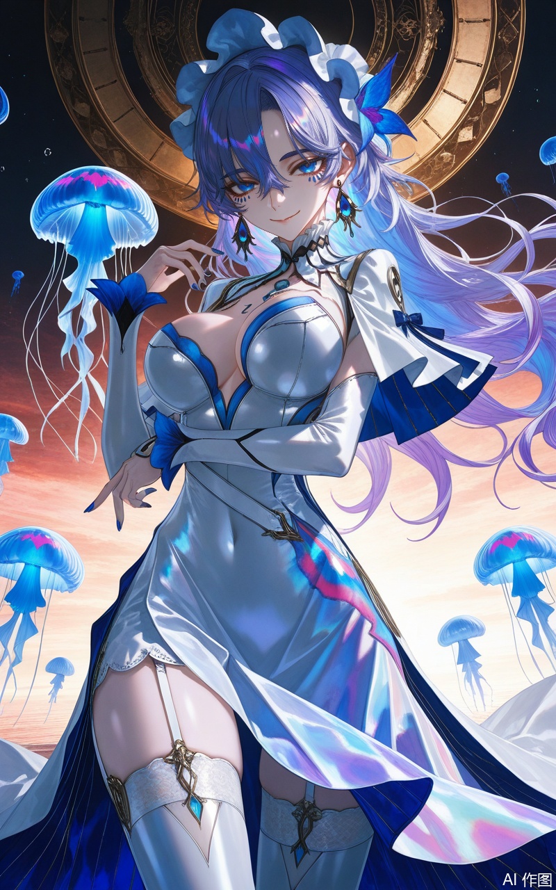 ,kanteleila,1girl,breasts,jellyfish,solo,dress,jewelry,long hair,large breasts,blue hair,smile,white dress,earrings,looking at viewer,thighhighs,white thighhighs,gloves,cleavage,blue eyes,cowboy shot,garter straps,arm under breasts,facial mark,covered navel,light purple hair,white headwear,hair between eyes,closed mouth,bonnet,hair ornament,side slit,thighs,hand up,blue nails,parted bangs,7,close-up details,outstanding style,adding a touch of dimension to your images without compromising details,whirls of vapor,iridescent textures,(Anime:1.1),ethereal ambiance,delicate details,magical high-concept,32K UHD,sharp focus,best-quality,masterpiece,golden hour,unconventional supreme masterpiece,masterful details,temperate atmosphere,with a high-end texture,in the style of fashion photography,photography,cover,dynamic angle,dynamic posture,(artist:quasarcake:0.8),extreme aesthetic,(wlop:0.6),(honjou raita, lack, rella:0.5, wanke),masterpiece,best quality,good quality,very aesthetic,absurdres,visual impact,a shot with tension,ultra-high resolution,32K UHD,sharp focus,best-quality,masterpiece,emotionalization,unconventional supreme masterpiece,masterful details,temperate atmosphere,with a high-end texture,in the style of fashion photography,(visual impact:1.2),giving the poster a dynamic and visually striking appearance,impactful picture,official art,colorful,splash of color,movie perspective,masterpiece,best quality,amazing quality,very aesthetic,absurdres,best quality,newest,