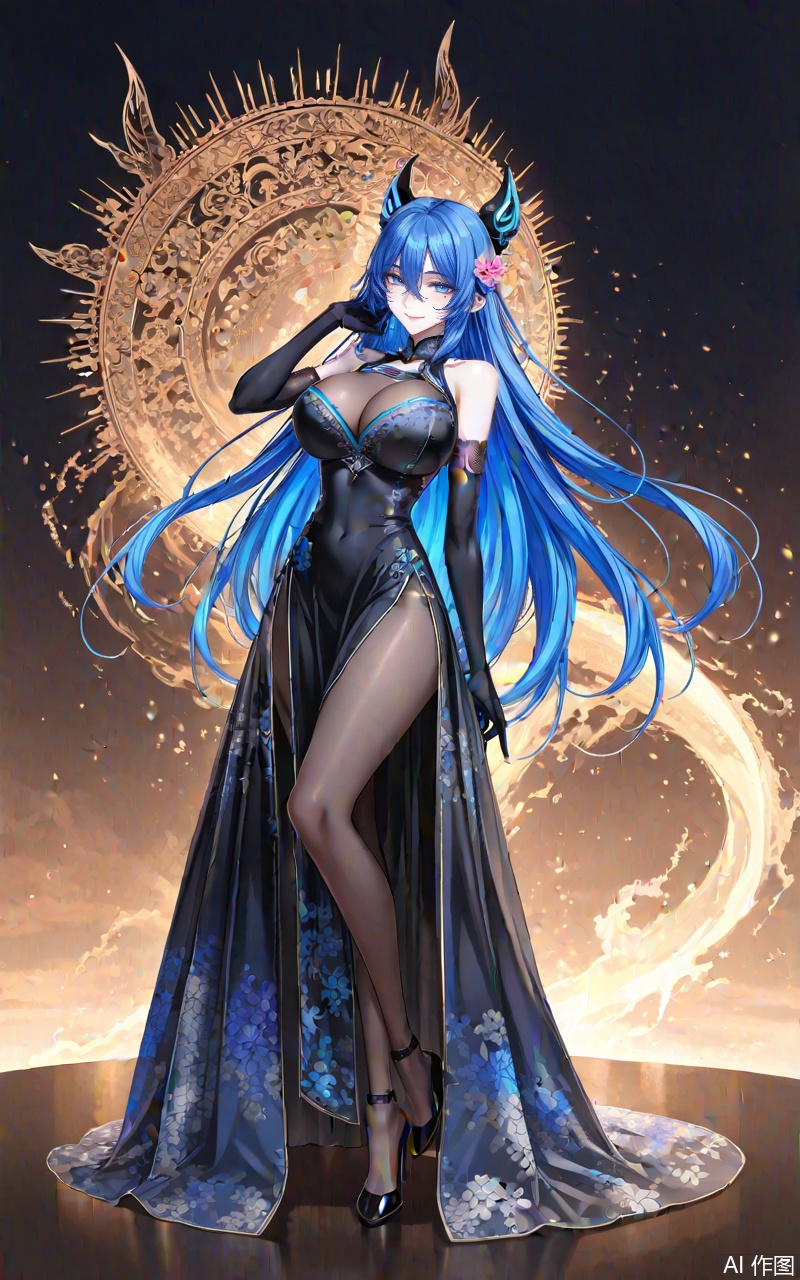 xuenv1girl,breasts,blue hair,long hair,solo,horns,cleavage,looking at viewer,blue eyes,very long hair,smile,large breasts,
1girl,breasts,solo,dress,gloves,large breasts,black dress,elbow gloves,full body,chinese clothes,black footwear,flower,bare shoulders,china dress,looking at viewer,official alternate costume,hair flower,high heels,standing,hair ornament,pelvic curtain,bodystocking,black gloves,cleavage,see-through,mole,lace-trimmed gloves,
close-up details,outstanding style,adding a touch of dimension to your images without compromising details,whirls of vapor,iridescent textures,(Anime:1.1),ethereal ambiance,delicate details,magical high-concept,32K UHD,sharp focus,best-quality,masterpiece,golden hour,unconventional supreme masterpiece,masterful details,temperate atmosphere,with a high-end texture,in the style of fashion photography,photography,cover,dynamic angle,dynamic posture,(artist:quasarcake:0.8),extreme aesthetic,(wlop:0.6),(honjou raita, lack, rella:0.5, wanke),masterpiece,best quality,good quality,very aesthetic,absurdres,visual impact,a shot with tension,ultra-high resolution,32K UHD,sharp focus,best-quality,masterpiece,emotionalization,unconventional supreme masterpiece,masterful details,temperate atmosphere,with a high-end texture,in the style of fashion photography,(visual impact:1.2),giving the poster a dynamic and visually striking appearance,impactful picture,official art,colorful,splash of color,movie perspective,masterpiece,best quality,amazing quality,very aesthetic,absurdres,best quality,newest,