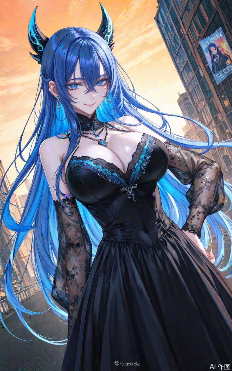 xuenv1girl,breasts,blue hair,long hair,solo,horns,cleavage,looking at viewer,blue eyes,very long hair,smile,large breasts,
1girl,solo,jewelry,earrings,see-through,dress,upper body,black dress,hand on own hip,breasts,see-through sleeves, 
close-up details,outstanding style,adding a touch of dimension to your images without compromising details,whirls of vapor,iridescent textures,(Anime:1.1),ethereal ambiance,delicate details,magical high-concept,32K UHD,sharp focus,best-quality,masterpiece,golden hour,unconventional supreme masterpiece,masterful details,temperate atmosphere,with a high-end texture,in the style of fashion photography,photography,cover,dynamic angle,dynamic posture,(artist:quasarcake:0.8),extreme aesthetic,(wlop:0.6),(honjou raita, lack, rella:0.5, wanke),masterpiece,best quality,good quality,very aesthetic,absurdres,visual impact,a shot with tension,ultra-high resolution,32K UHD,sharp focus,best-quality,masterpiece,emotionalization,unconventional supreme masterpiece,masterful details,temperate atmosphere,with a high-end texture,in the style of fashion photography,(visual impact:1.2),giving the poster a dynamic and visually striking appearance,impactful picture,official art,colorful,splash of color,movie perspective,masterpiece,best quality,amazing quality,very aesthetic,absurdres,best quality,newest,