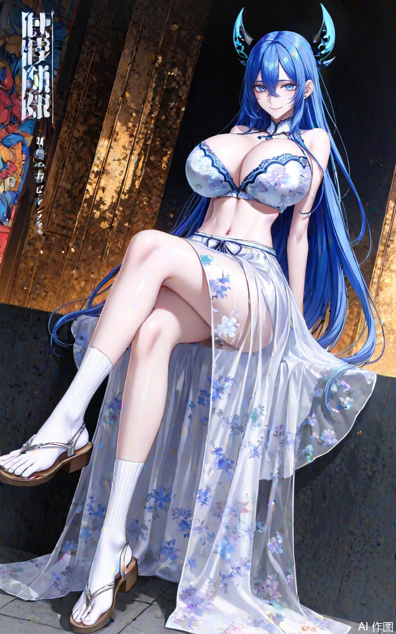 ,xuenv,1girl,breasts,blue hair,long hair,solo,sandals,horns,cleavage,sitting,looking at viewer,full body,navel,skirt,blue eyes,socks,huge breasts,very long hair,bra,legs,smile,see-through,arm support,bare shoulders,white socks,crossed legs,floral print,underwear,toes,large breasts,close-up details,outstanding style,adding a touch of dimension to your images without compromising details,whirls of vapor,iridescent textures,(Anime:1.1),ethereal ambiance,delicate details,magical high-concept,32K UHD,sharp focus,best-quality,masterpiece,golden hour,unconventional supreme masterpiece,masterful details,temperate atmosphere,with a high-end texture,in the style of fashion photography,photography,cover,dynamic angle,dynamic posture,(artist:quasarcake:0.8),extreme aesthetic,(wlop:0.6),(honjou raita, lack, rella:0.5, wanke),masterpiece,best quality,good quality,very aesthetic,absurdres,visual impact,a shot with tension,ultra-high resolution,32K UHD,sharp focus,best-quality,masterpiece,emotionalization,unconventional supreme masterpiece,masterful details,temperate atmosphere,with a high-end texture,in the style of fashion photography,(visual impact:1.2),giving the poster a dynamic and visually striking appearance,impactful picture,official art,colorful,splash of color,movie perspective,masterpiece,best quality,amazing quality,very aesthetic,absurdres,best quality,newest,