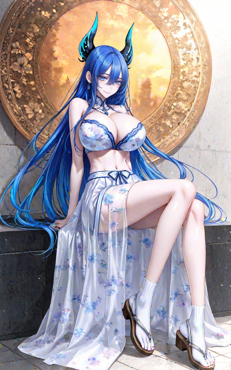 ,xuenv,1girl,breasts,blue hair,long hair,solo,sandals,horns,cleavage,sitting,looking at viewer,full body,navel,skirt,blue eyes,socks,huge breasts,very long hair,bra,legs,smile,see-through,arm support,bare shoulders,white socks,crossed legs,floral print,underwear,toes,large breasts,close-up details,outstanding style,adding a touch of dimension to your images without compromising details,whirls of vapor,iridescent textures,(Anime:1.1),ethereal ambiance,delicate details,magical high-concept,32K UHD,sharp focus,best-quality,masterpiece,golden hour,unconventional supreme masterpiece,masterful details,temperate atmosphere,with a high-end texture,in the style of fashion photography,photography,cover,dynamic angle,dynamic posture,(artist:quasarcake:0.8),extreme aesthetic,(wlop:0.6),(honjou raita, lack, rella:0.5, wanke),masterpiece,best quality,good quality,very aesthetic,absurdres,visual impact,a shot with tension,ultra-high resolution,32K UHD,sharp focus,best-quality,masterpiece,emotionalization,unconventional supreme masterpiece,masterful details,temperate atmosphere,with a high-end texture,in the style of fashion photography,(visual impact:1.2),giving the poster a dynamic and visually striking appearance,impactful picture,official art,colorful,splash of color,movie perspective,masterpiece,best quality,amazing quality,very aesthetic,absurdres,best quality,newest,