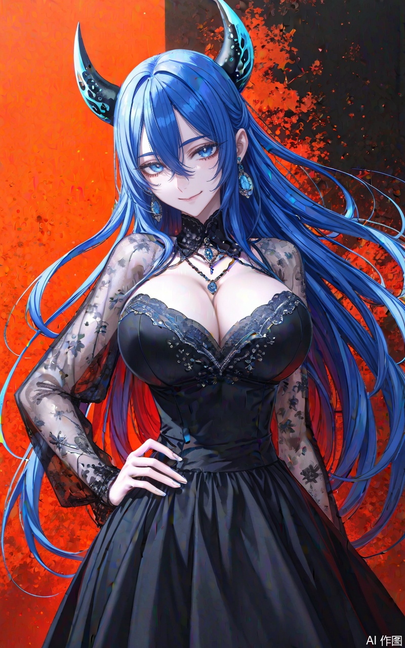xuenv1girl,breasts,blue hair,long hair,solo,horns,cleavage,looking at viewer,blue eyes,very long hair,smile,large breasts,
1girl,solo,jewelry,earrings,see-through,dress,upper body,black dress,hand on own hip,breasts,see-through sleeves, 
close-up details,outstanding style,adding a touch of dimension to your images without compromising details,whirls of vapor,iridescent textures,(Anime:1.1),ethereal ambiance,delicate details,magical high-concept,32K UHD,sharp focus,best-quality,masterpiece,golden hour,unconventional supreme masterpiece,masterful details,temperate atmosphere,with a high-end texture,in the style of fashion photography,photography,cover,dynamic angle,dynamic posture,(artist:quasarcake:0.8),extreme aesthetic,(wlop:0.6),(honjou raita, lack, rella:0.5, wanke),masterpiece,best quality,good quality,very aesthetic,absurdres,visual impact,a shot with tension,ultra-high resolution,32K UHD,sharp focus,best-quality,masterpiece,emotionalization,unconventional supreme masterpiece,masterful details,temperate atmosphere,with a high-end texture,in the style of fashion photography,(visual impact:1.2),giving the poster a dynamic and visually striking appearance,impactful picture,official art,colorful,splash of color,movie perspective,masterpiece,best quality,amazing quality,very aesthetic,absurdres,best quality,newest,
