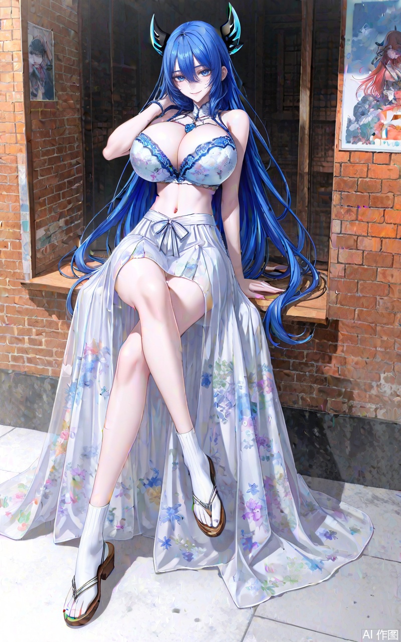 ,xuenv,1girl,breasts,blue hair,long hair,solo,sandals,horns,cleavage,sitting,looking at viewer,full body,navel,skirt,blue eyes,socks,huge breasts,very long hair,bra,legs,smile,see-through,arm support,bare shoulders,white socks,crossed legs,floral print,underwear,toes,large breasts,close-up details,outstanding style,adding a touch of dimension to your images without compromising details,whirls of vapor,iridescent textures,(Anime:1.1),ethereal ambiance,delicate details,magical high-concept,32K UHD,sharp focus,best-quality,masterpiece,golden hour,unconventional supreme masterpiece,masterful details,temperate atmosphere,with a high-end texture,in the style of fashion photography,photography,cover,dynamic angle,dynamic posture,(artist:quasarcake:0.8),extreme aesthetic,(wlop:0.6),(honjou raita, lack, rella:0.5, wanke),masterpiece,best quality,good quality,very aesthetic,absurdres,visual impact,a shot with tension,ultra-high resolution,32K UHD,sharp focus,best-quality,masterpiece,emotionalization,unconventional supreme masterpiece,masterful details,temperate atmosphere,with a high-end texture,in the style of fashion photography,(visual impact:1.2),giving the poster a dynamic and visually striking appearance,impactful picture,official art,colorful,splash of color,movie perspective,masterpiece,best quality,amazing quality,very aesthetic,absurdres,best quality,newest,