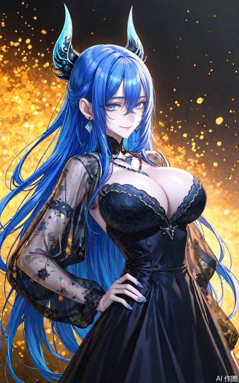 xuenv1girl,breasts,blue hair,long hair,solo,horns,cleavage,looking at viewer,blue eyes,very long hair,smile,large breasts,
1girl,solo,jewelry,earrings,see-through,dress,upper body,black dress,hand on own hip,breasts,see-through sleeves, 
close-up details,outstanding style,adding a touch of dimension to your images without compromising details,whirls of vapor,iridescent textures,(Anime:1.1),ethereal ambiance,delicate details,magical high-concept,32K UHD,sharp focus,best-quality,masterpiece,golden hour,unconventional supreme masterpiece,masterful details,temperate atmosphere,with a high-end texture,in the style of fashion photography,photography,cover,dynamic angle,dynamic posture,(artist:quasarcake:0.8),extreme aesthetic,(wlop:0.6),(honjou raita, lack, rella:0.5, wanke),masterpiece,best quality,good quality,very aesthetic,absurdres,visual impact,a shot with tension,ultra-high resolution,32K UHD,sharp focus,best-quality,masterpiece,emotionalization,unconventional supreme masterpiece,masterful details,temperate atmosphere,with a high-end texture,in the style of fashion photography,(visual impact:1.2),giving the poster a dynamic and visually striking appearance,impactful picture,official art,colorful,splash of color,movie perspective,masterpiece,best quality,amazing quality,very aesthetic,absurdres,best quality,newest,
