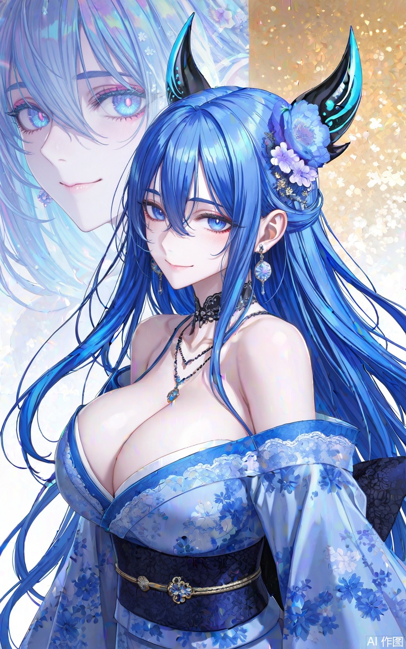 xuenv1girl,breasts,blue hair,long hair,solo,horns,cleavage,looking at viewer,blue eyes,very long hair,smile,large breasts,
1girl,breasts,solo,japanese clothes,hair ornament,kimono,flower,hair flower,sash,blue kimono,large breasts,choker,looking at viewer,cleavage,bare shoulders,obi,off shoulder,earrings,smile,jewelry,floral print,closed mouth,makeup,from side,long sleeves,
close-up details,outstanding style,adding a touch of dimension to your images without compromising details,whirls of vapor,iridescent textures,(Anime:1.1),ethereal ambiance,delicate details,magical high-concept,32K UHD,sharp focus,best-quality,masterpiece,golden hour,unconventional supreme masterpiece,masterful details,temperate atmosphere,with a high-end texture,in the style of fashion photography,photography,cover,dynamic angle,dynamic posture,(artist:quasarcake:0.8),extreme aesthetic,(wlop:0.6),(honjou raita, lack, rella:0.5, wanke),masterpiece,best quality,good quality,very aesthetic,absurdres,visual impact,a shot with tension,ultra-high resolution,32K UHD,sharp focus,best-quality,masterpiece,emotionalization,unconventional supreme masterpiece,masterful details,temperate atmosphere,with a high-end texture,in the style of fashion photography,(visual impact:1.2),giving the poster a dynamic and visually striking appearance,impactful picture,official art,colorful,splash of color,movie perspective,masterpiece,best quality,amazing quality,very aesthetic,absurdres,best quality,newest,