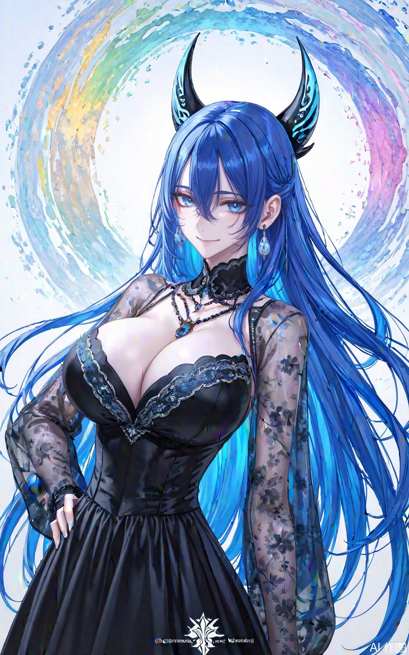 xuenv1girl,breasts,blue hair,long hair,solo,horns,cleavage,looking at viewer,blue eyes,very long hair,smile,large breasts,
1girl,solo,jewelry,earrings,see-through,dress,upper body,black dress,hand on own hip,breasts,see-through sleeves, 
close-up details,outstanding style,adding a touch of dimension to your images without compromising details,whirls of vapor,iridescent textures,(Anime:1.1),ethereal ambiance,delicate details,magical high-concept,32K UHD,sharp focus,best-quality,masterpiece,golden hour,unconventional supreme masterpiece,masterful details,temperate atmosphere,with a high-end texture,in the style of fashion photography,photography,cover,dynamic angle,dynamic posture,(artist:quasarcake:0.8),extreme aesthetic,(wlop:0.6),(honjou raita, lack, rella:0.5, wanke),masterpiece,best quality,good quality,very aesthetic,absurdres,visual impact,a shot with tension,ultra-high resolution,32K UHD,sharp focus,best-quality,masterpiece,emotionalization,unconventional supreme masterpiece,masterful details,temperate atmosphere,with a high-end texture,in the style of fashion photography,(visual impact:1.2),giving the poster a dynamic and visually striking appearance,impactful picture,official art,colorful,splash of color,movie perspective,masterpiece,best quality,amazing quality,very aesthetic,absurdres,best quality,newest,