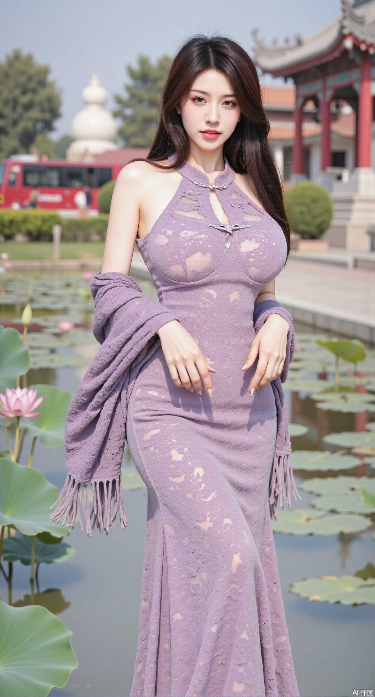 (masterpiece, best quality:1.2),1girl, navel, solo, midriff, bare shoulders, hair ornament,(long hair),(High double ponytail:1.49), red lips, BREAK, (looking at viewer:1.39), chinese clothes,(long dress:1.36), (lace:1.28), BREAK,blurry, solo focus, long hair, lips, daytime, lipstick, outdoors, standing,upper body,(huge breasts:2.99), (full breasts:2.99),background, solo, makeup,Xyunxiao,(Lotus,Water Lily,Blue sky,full moon:1.39),(Lotus pond,ancient Chinese architecture:1.39),Xmupeiling,XsongyuYK,XqiyueFHK,XheguangzhefandiYK,XxiaobaiNZYK,XlimuwanJCBYK,XmeijiK,XzhouruK,Xjinniang,Xliangpianqun,Xyinggou,Xfeitianwunv,XnangongxierK,Xbaiyuekuishouban,Xnvwashenian,XmupeilingY,Xdaji,Xyujishenian,XluxueqiX,Xyujishenianzhaung,Xqianqianmeinv