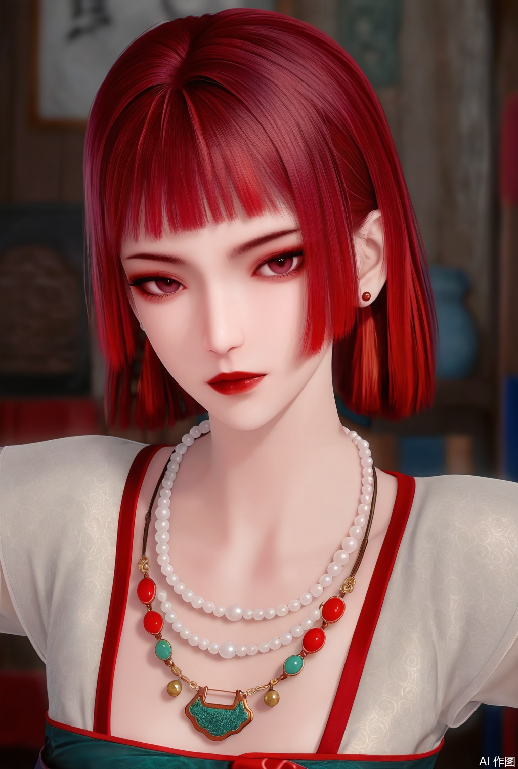 (Masterpiece, Best Quality, High Resolution, 8K Raw),
1girl, solo,short hair,looking at viewer,red hair,short hair,indoors,blurry,jewelry,earrings,blunt bangs,makeup,red lips,bead necklace, pearl necklace,