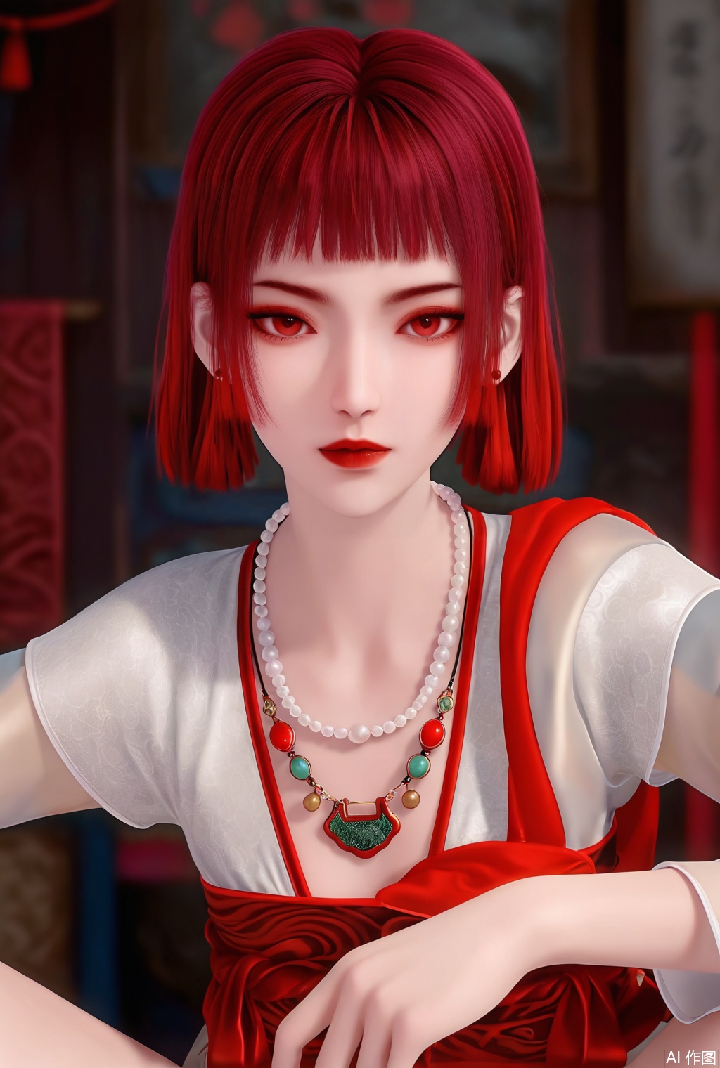 (Masterpiece, Best Quality, High Resolution, 8K Raw),
1girl, solo,short hair,looking at viewer,red hair,short hair,indoors,blurry,jewelry,earrings,blunt bangs,makeup,red lips,bead necklace, pearl necklace,dress ,chinese clothes,