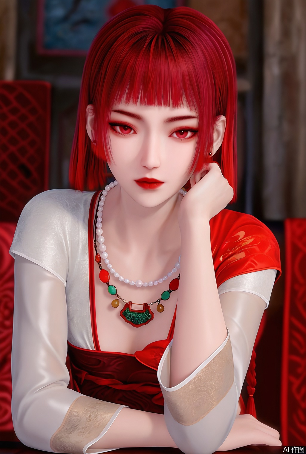 (Masterpiece, Best Quality, High Resolution, 8K Raw),
1girl, solo,short hair,looking at viewer,red hair,short hair,indoors,blurry,jewelry,earrings,blunt bangs,makeup,red lips,bead necklace, pearl necklace,dress ,chinese clothes,full_body,