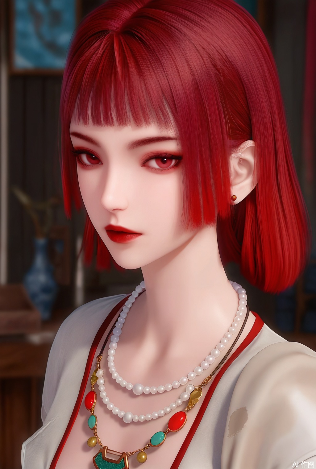 (Masterpiece, Best Quality, High Resolution, 8K Raw),
1girl, solo,short hair,looking at viewer,red hair,short hair,indoors,blurry,jewelry,earrings,blunt bangs,makeup,red lips,bead necklace, pearl necklace,