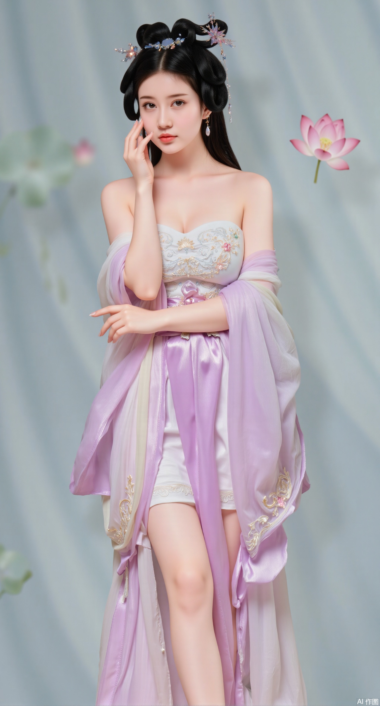 (masterpiece:1.2),best quality, (UE5.5,rendered with Unreal Engine 5,Unreal Engine 5,CG rendering), (masterpiece:1.2),,1girl,solo,standing,looking at viewer,(cowboy_shot:1.3),black hair,long hair,high heels,blurry background,depth of field,motion blur,short dress,china_dress,chinese_style,bare shouders,crystal_earrings,headpiece,hair_tie,chest_jewel,gem,necklace,jewelry,in summer,day,outdoors,nature,sea,(beach:1.4),(huge breasts:2.99),(full breasts:2.99),(lotus pond and pink lotus flowers:1.59),,(very long legs,Diamond-studded high heels:1.5),Xqianqianmeinu,Xmoxionghanfu,Xleisiqipao,Xxeushengxiaofu,XlinziyueY2,Xsongmoxionghanfu