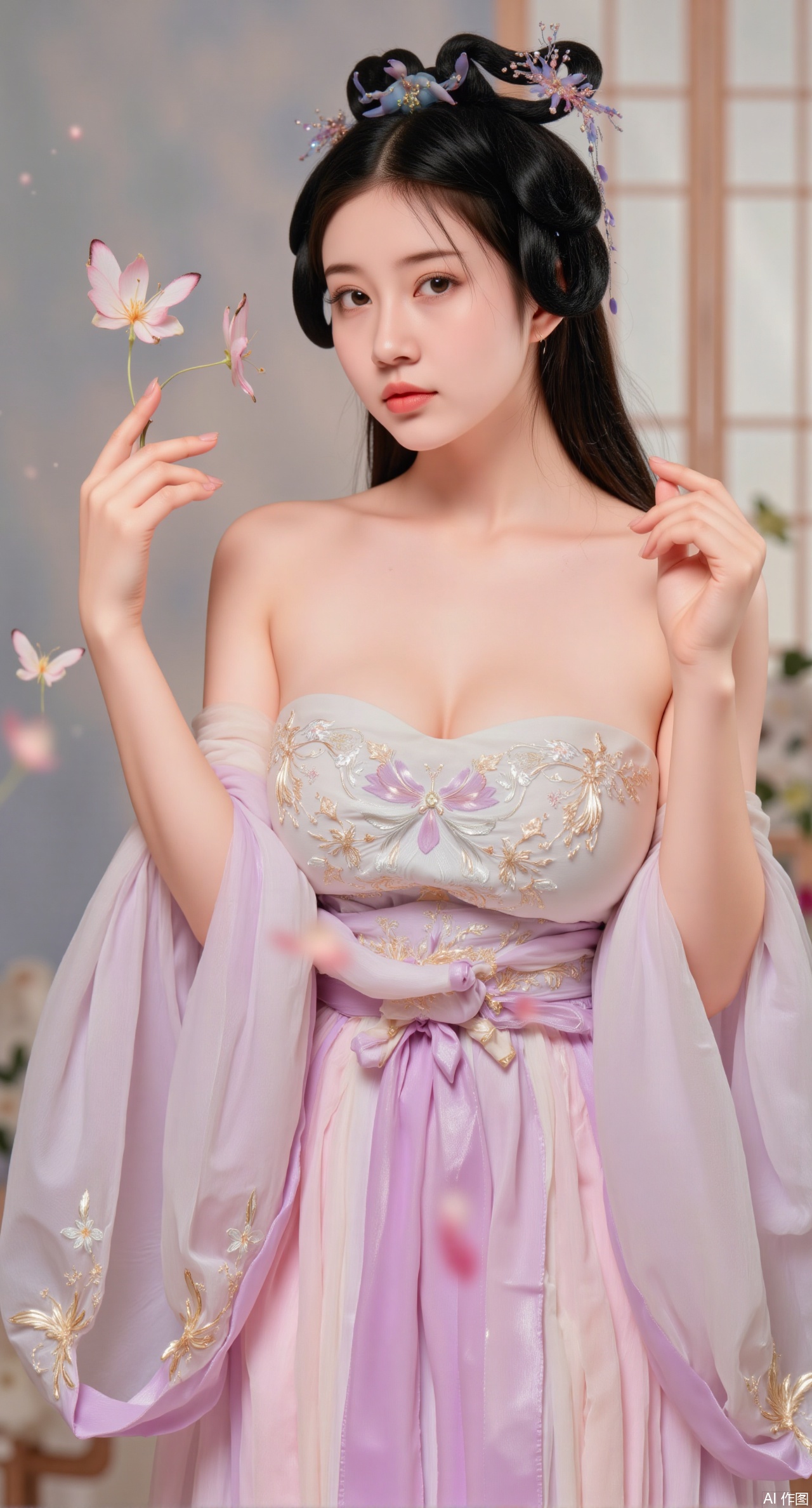 (masterpiece, best quality:1.2), highres, extremely detailed, 1girl,looking at viewer,indoors, (big breasts:2.69),Depth of field,garden of the sun,shiny,flowers, garden, 1girl, (Lotus:1.39), (butterflies, ultra detailed, glary,Light, light particles,glitter,reflect:1.29),Xqianqianmeinu,Xmoxionghanfu,Xleisiqipao,Xxeushengxiaofu,XlinziyueY2,Xsongmoxionghanfu