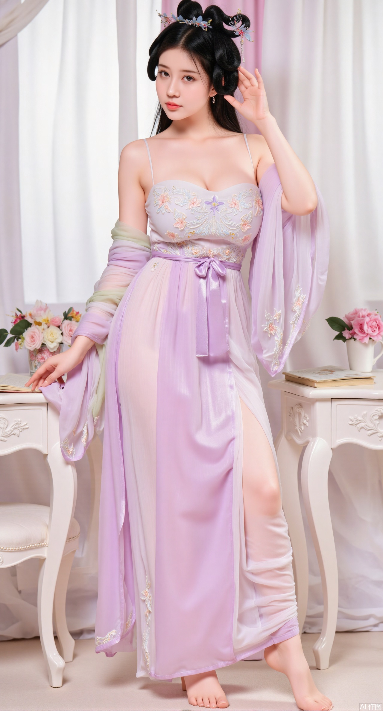 (masterpiece:1.2),Ultra clear, wallpaper, 8k, masterpiece, 1girl, solo, long hair, breasts, looking at viewer, bangs, large breasts,long dress,, bare shoulders, jewelry, black hair, standing, purple eyes, full body, flower, thighs, indoors, hair bun, long dress, high heels, cup, see-through, book, bare legs, window, table, white footwear, standing on one leg, curtains, pink flower, side slit, vase, ,(huge breasts:2.99),(full breasts:2.99),Xqianqianmeinu,Xmoxionghanfu,Xleisiqipao,Xxeushengxiaofu,XlinziyueY2,Xsongmoxionghanfu