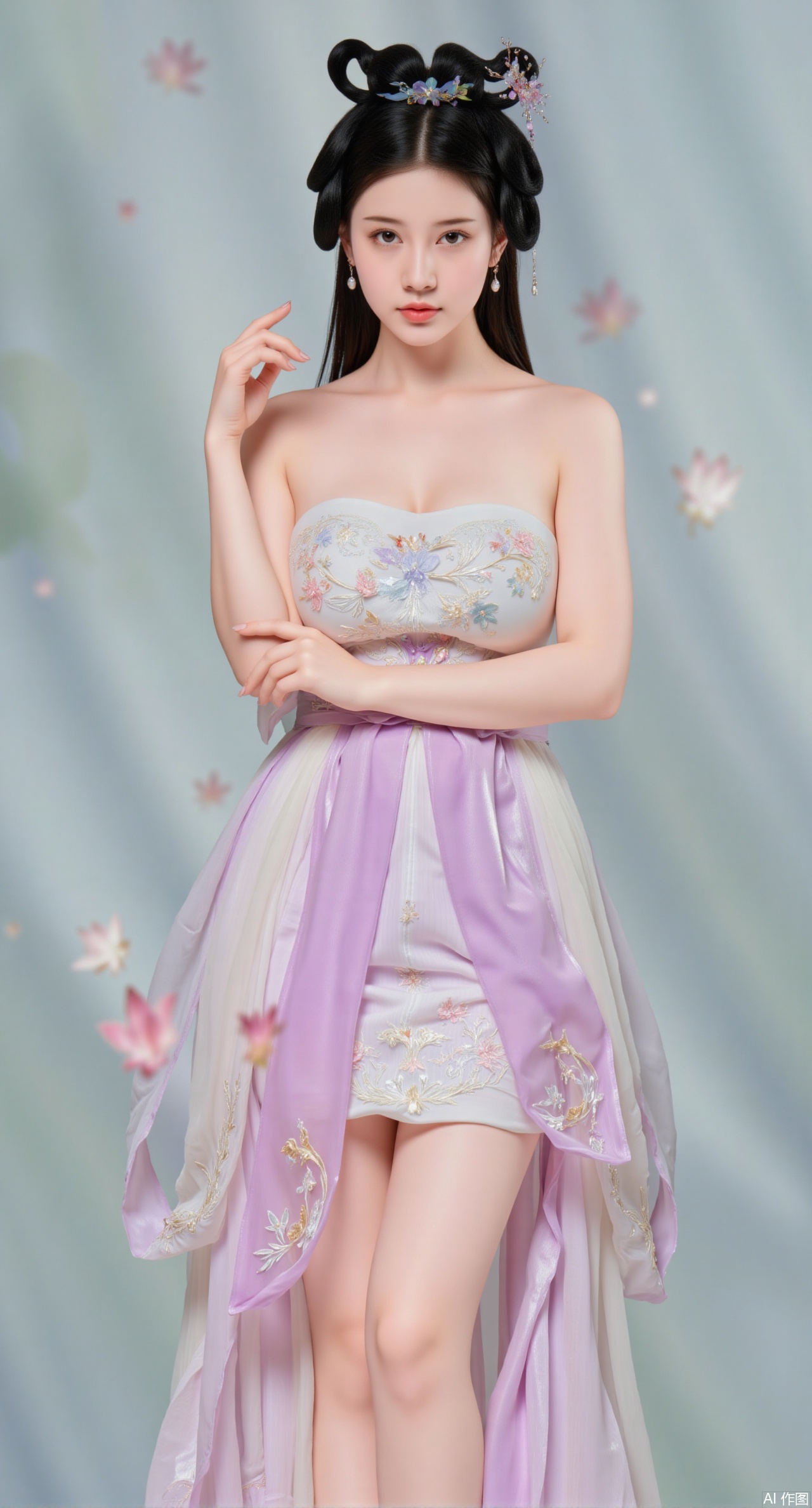 (masterpiece:1.2),best quality, (UE5.5,rendered with Unreal Engine 5,Unreal Engine 5,CG rendering), (masterpiece:1.2),,1girl,solo,standing,looking at viewer,(cowboy_shot:1.3),black hair,long hair,high heels,blurry background,depth of field,motion blur,short dress,china_dress,chinese_style,bare shouders,crystal_earrings,headpiece,hair_tie,chest_jewel,gem,necklace,jewelry,in summer,day,outdoors,nature,sea,(beach:1.4),(huge breasts:2.99),(full breasts:2.99),(lotus pond and pink lotus flowers:1.59),,(very long legs,Diamond-studded high heels:1.5),Xqianqianmeinu,Xmoxionghanfu,Xleisiqipao,Xxeushengxiaofu,XlinziyueY2,Xsongmoxionghanfu