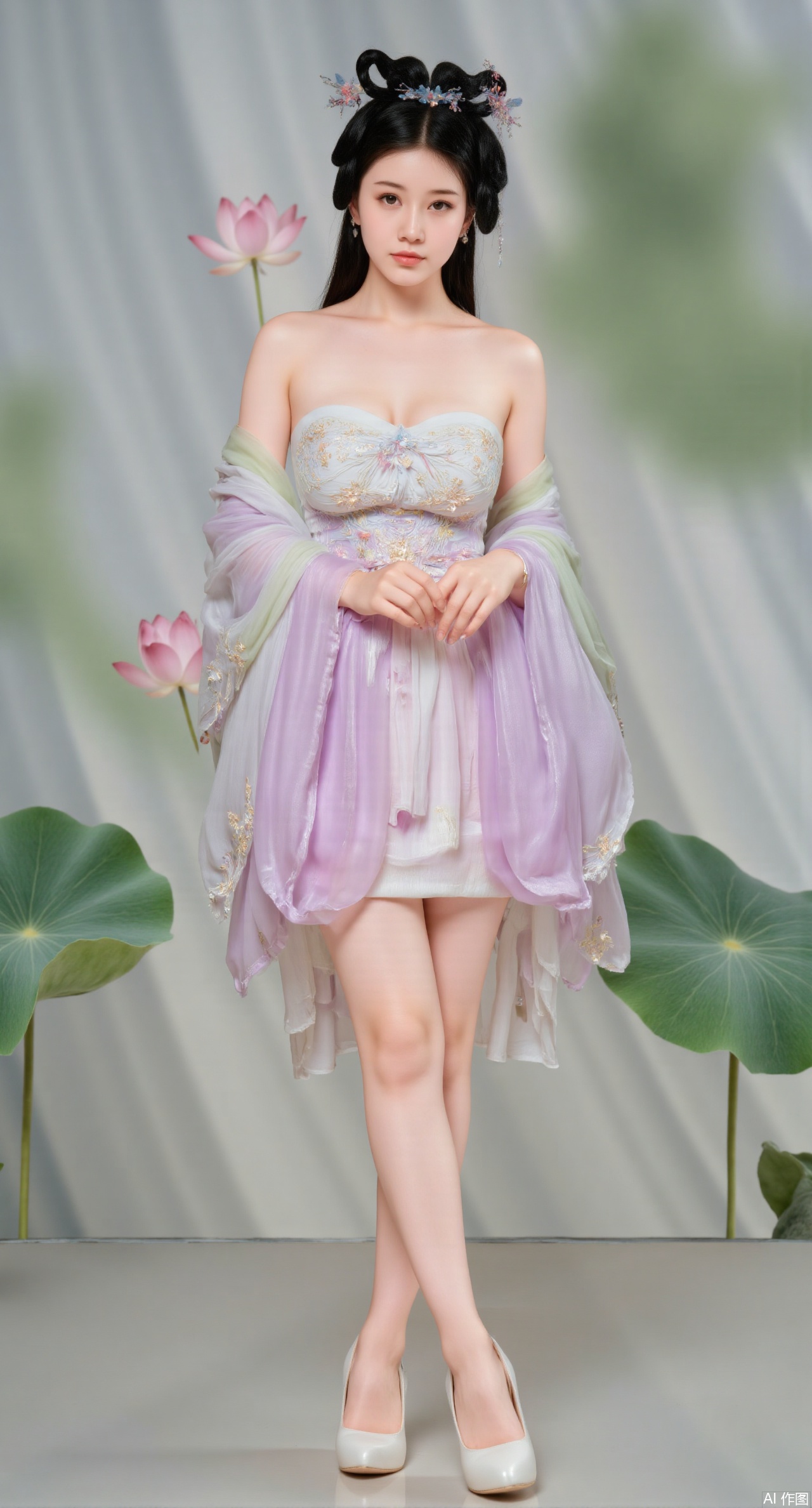 (masterpiece:1.2),best quality, (UE5.5,rendered with Unreal Engine 5,Unreal Engine 5,CG rendering), (masterpiece:1.2),,1girl,solo,standing,looking at viewer,(cowboy_shot:1.3),black hair,long hair,high heels,blurry background,depth of field,motion blur,short dress,china_dress,chinese_style,bare shouders,crystal_earrings,headpiece,hair_tie,chest_jewel,gem,necklace,jewelry,in summer,day,outdoors,nature,sea,(beach:1.4),(huge breasts:2.99),(full breasts:2.99),(lotus pond and pink lotus flowers:1.59),,(very long legs,Diamond-studded high heels:1.5),Xqianqianmeinu,Xmoxionghanfu,Xleisiqipao,Xxeushengxiaofu,XlinziyueY2,Xsongmoxionghanfu
