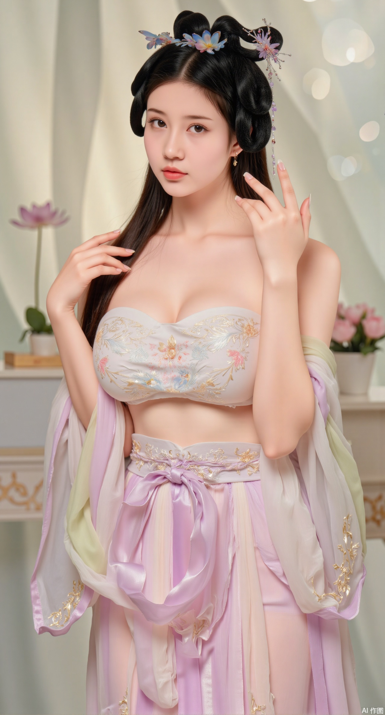 (masterpiece, best quality:1.2), highres, extremely detailed, 1girl,looking at viewer,indoors, (big breasts:2.69),Depth of field,garden of the sun,shiny,flowers, garden, 1girl, (Lotus:1.39), (butterflies, ultra detailed, glary,Light, light particles,glitter,reflect:1.29),Xqianqianmeinu,Xmoxionghanfu,Xleisiqipao,Xxeushengxiaofu,XlinziyueY2,Xsongmoxionghanfu
