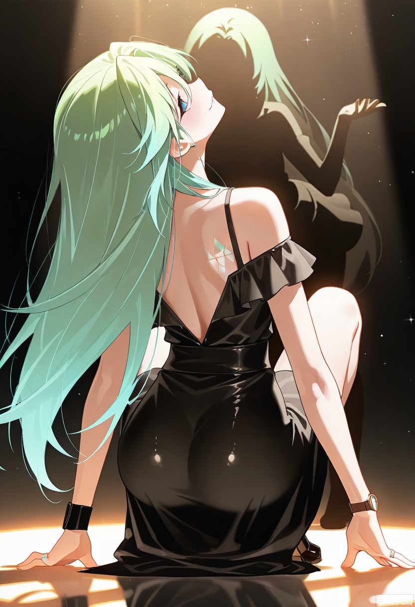 masterpiece, best quality, amazing quality, highres, 1girl, long emerald - green hair with tousled waves and silvery highlights, perfect body proportions, black satin off - shoulder gown with elegant drapery (skirt pooling around knees), crouching pose — body leaning forward, right hand delicately touching a reflective water - like surface, left arm bent to support the torso, back slightly arched, half - lidded eyes with an enigmatic smile, cool - toned blue misty backdrop, dramatic spotlight casting sharp shadows on gown and hair, reflective surface mirroring hair strands and figure silhouette, anime - style soft shading on skin/fabric, detailed satin sheen + gentle folds, cinematic angle emphasizing back curve + light - shadow interplay, elegant yet alluring atmosphere, faint glow on hair tips catching the spotlight, delicate jewelry (diamond ring on right hand, wristwatch on left wrist)
,masterpiece, best quality, amazing quality,qing,perfect figure