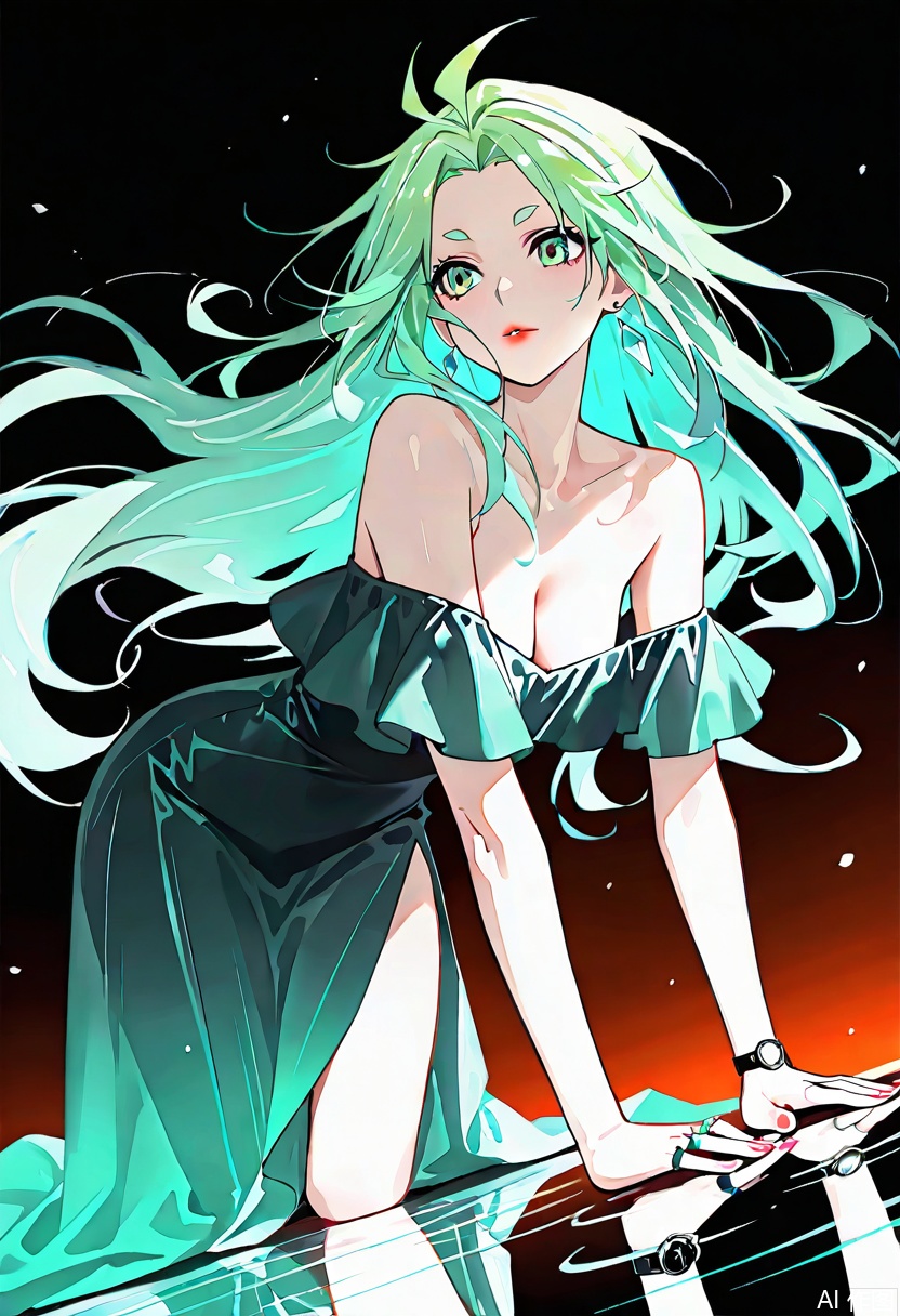 masterpiece, best quality, highres, ultra - detailed, 1girl, long green wavy hair with glossy highlights, perfect body proportions, black off - shoulder satin gown with elegant drapery, crawling pose (body leaning forward, hands gently touching reflective water - like surface, fingers slightly spread), cool - toned blue gradient background, dramatic side lighting (illuminating skin, hair strands, and gown texture), reflection of hands and gown visible on the surface, diamond earrings, wristwatch, delicate ring, intense piercing gaze, bold red lips, anime style (bold line art, vibrant color contrast between warm tones of skin/hair and cool background), detailed fabric (satin sheen, natural folds of the gown), cinematic composition emphasizing body silhouette and reflective elements,qing,perfect figure,(solo:1.2),green hair