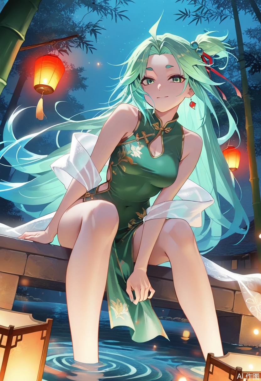 masterpiece, best quality, amazing quality, highres, 1girl, long emerald - green hair with flowing waves, perfect body proportions, jade - green cheongsam with high side slit & sheer silk outer shawl, golden thread embroidery of phoenix motifs, red silk ribbon tied at waist, seductive pose: sitting on glazed stone platform edge, body leaning forward, right hand fingertips grazing still water surface, left hand gripping shawl edge, head tilted with half - lidded alluring eyes, faint smile, ancient oriental courtyard at night, glowing red lanterns hanging from bamboo groves, misty blue - gray stone walls, moonlit reflection of figure & hair on water, dramatic cool - toned spotlight on figure, soft ambient light from lanterns casting warm glows on hair and embroidery, anime - style bold line art, detailed fabric textures (silk sheen, embroidery intricacy, water ripples), color contrast of emerald hair vs jade cheongsam vs cool blue background, cinematic angle highlighting body curve and hand - water interaction, mysterious yet elegant night ambiance with subtle floating lantern light particles,qing,perfect figure,(solo:1.2)