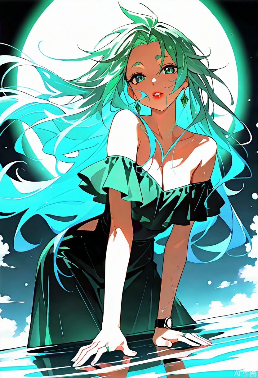 masterpiece, best quality, amazing quality, highres, 1girl, long emerald green wavy hair with light - catching strands, perfect body proportions, black off - shoulder satin gown with flowing drapery, seductive pose: low - leaning crawl on reflective water, hands gently grazing the water’s surface, diamond earrings, wristwatch on left wrist, ring on right hand, intense alluring gaze, bold red lips, cool blue cinematic lighting, side light sculpting shoulder & hair contours, water mirroring her figure, misty blue gradient background with faint mountain silhouettes, anime style, detailed satin texture (sheen, folds), hair rendered with dynamic light interactions, color contrast of emerald hair against cool blue tones, cinematic angle emphasizing body curve & water contact,qing,perfect figure,(solo:1.2)