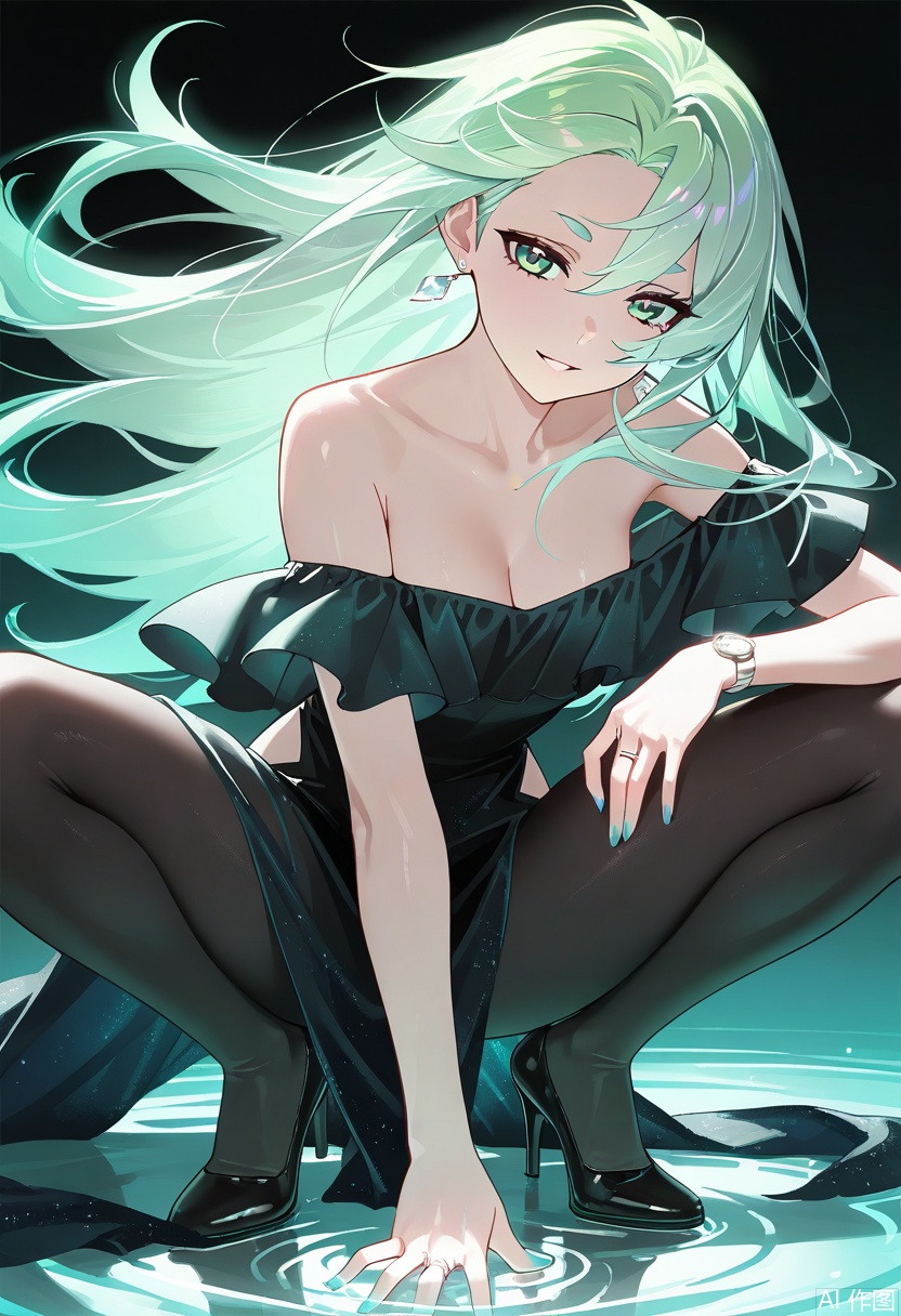 masterpiece, best quality, amazing quality, highres, 1girl, long green hair with sleek glossy waves, perfect body proportions, black off - shoulder satin gown with dramatic draped sleeves, silver diamond earrings, elegant wristwatch, delicate ring, seductive pose: half - crouching beside reflective water surface, body leaning forward, hands gently grazing water (fingers spread, subtle ripples), head tilted with intense alluring half - lidded eyes, dark cool - toned backdrop with soft blue gradient lighting, subtle spotlight highlighting hair and gown folds, water surface mirroring hands & gown silhouette, anime - style bold line art, detailed fabric textures (satin sheen, drape creases), color contrast of vibrant green hair vs dark gown & cool blue ambiance, cinematic lighting with sharp shadows on skin/fabric, mysterious nocturnal atmosphere, slender figure emphasis through pose and light interaction,qing,perfect figure,(solo:1.2)