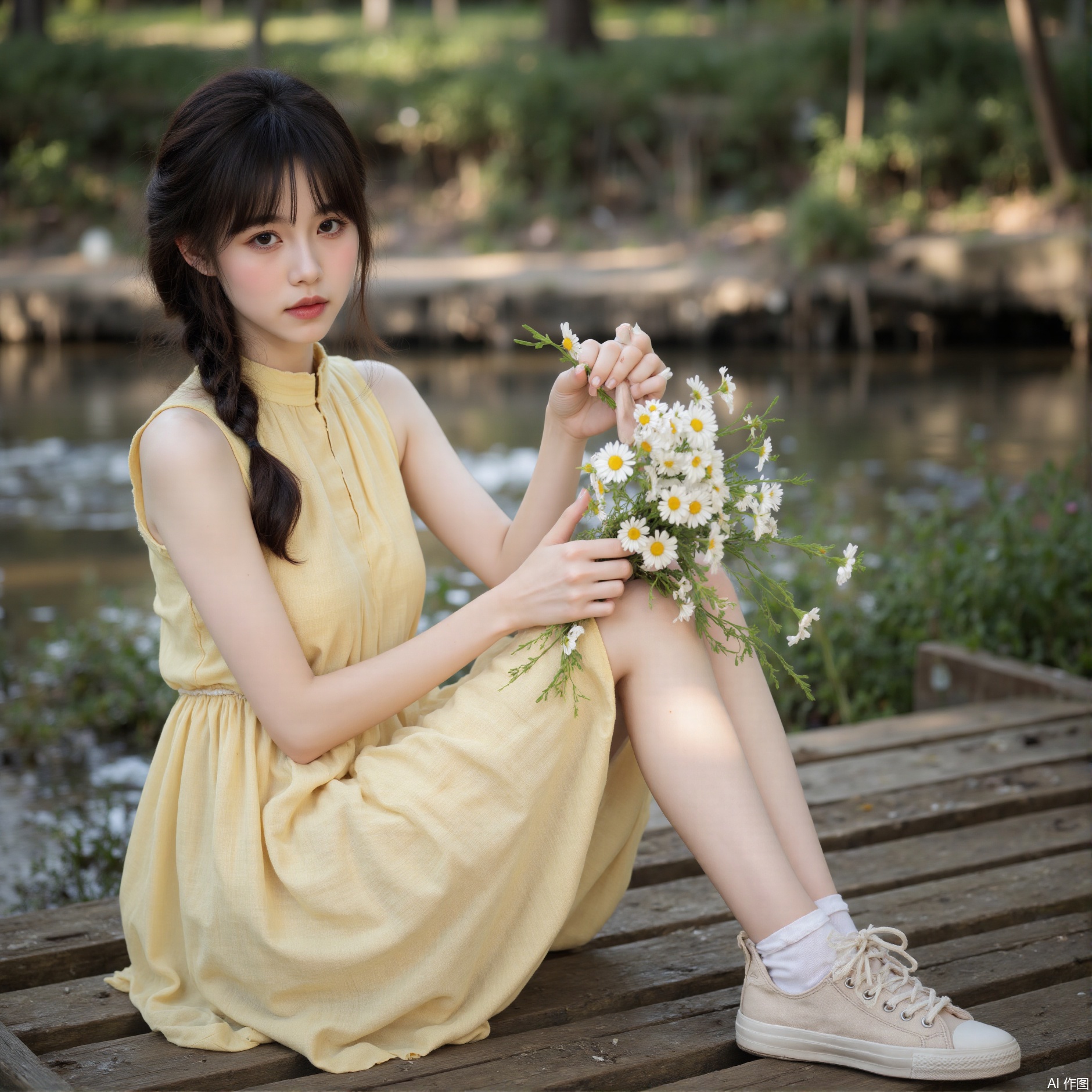Asian girl Olivia, 17 years old, wore a loose braid hanging from her shoulders, wearing a soft goose yellow linen modified small stand-up collar dress, with a thin cotton rope of the same color tied around her waist, sitting quietly on the log pier by the stream, with her feet curled together, her hands overlapped on her knees and holding a small bunch of wild daisies, her eyes were gentle and low, and her face had a light and healthy blush. The soft tree shadows sprinkled through the branches and leaves, and the overall fresh and natural atmosphere was filled with high-definition photography exquisitely portrayed the texture of the dress and the soft charm of the girl.