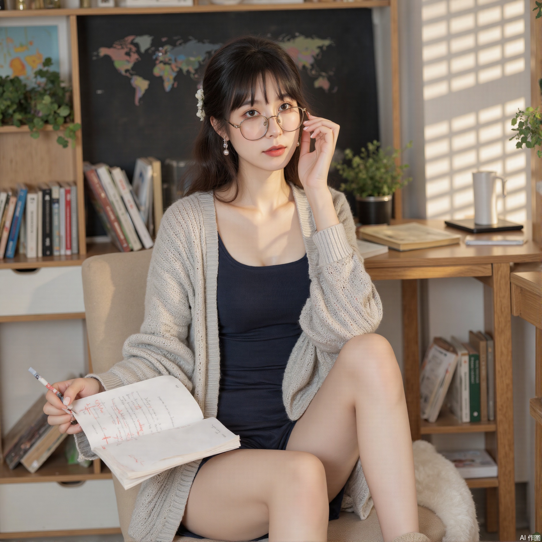 Elaine, a 28-year-old Asian female teacher, has soft and smooth medium-length hair pinned behind her ears, revealing a pair of small pearl earrings, wearing a simple navy blue square-neck cotton waist-hugging dress, a light gray fine knitted thin cardigan on the outside, and a soft light brown low-heeled ankle boots. She sat at the teacher's desk, her knees were slightly tilted, one hand pushed the thin frame glasses frame, and the other hand flipped through the composition text spread on the wooden table. There was a thermos cup and a small pot of green plants at the corner, behind her was a bookshelves with a blurred background and a blackboard with a world map painted in one corner. The morning light casts soft light and shadow on her side face that was focused on thinking through the blinds. The picture pursues the ultimate and delicate sense of portrait photography, accurately portraying the delicate patterns of the cardigan, the gentle and serious expression of the teacher, and the real details of the red pen annotation on the paper page.