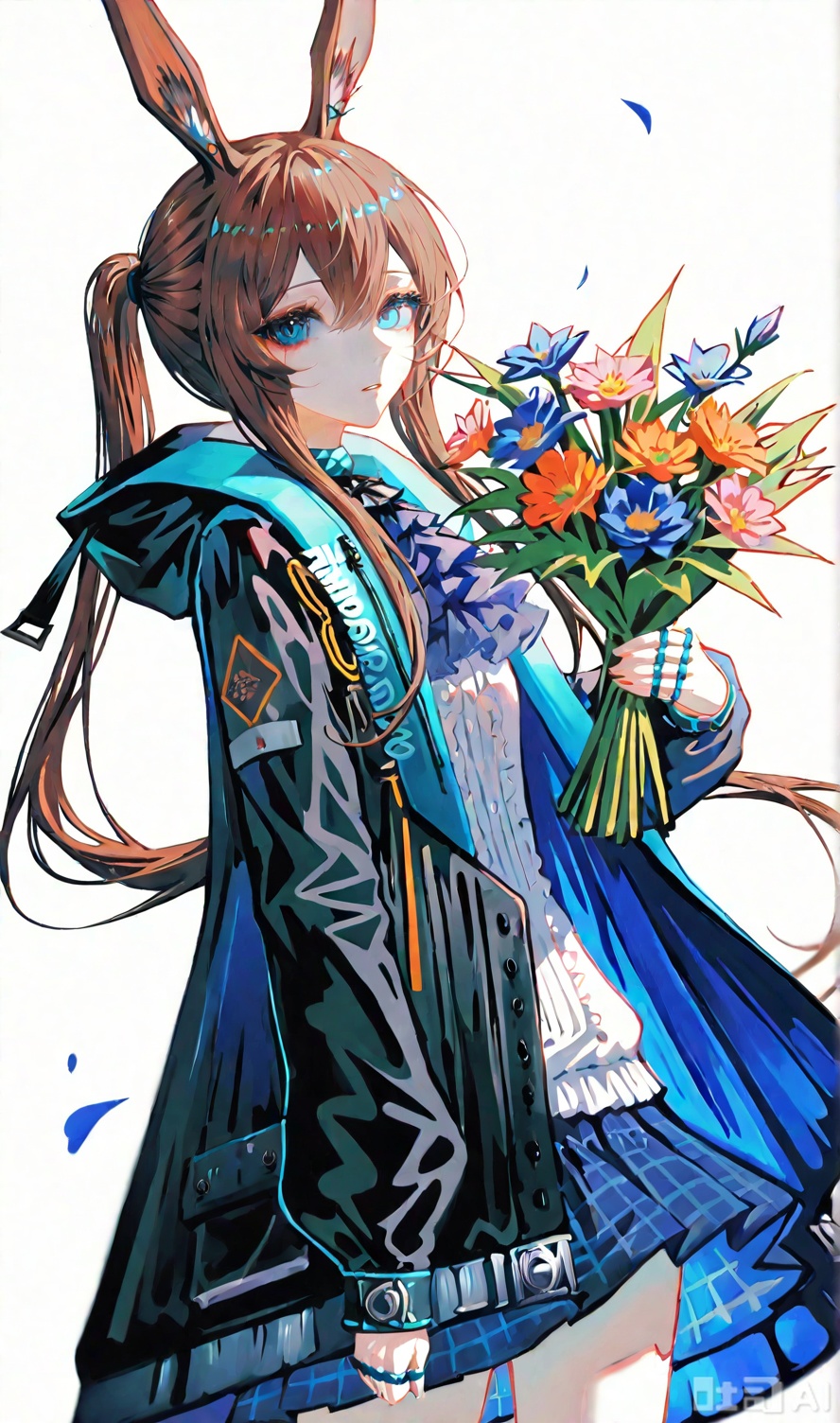(masterpiece),(best quality),illustration,ultra detailed,hdr,Depth of field,(colorful),[Artist iumu],[Artist Sheya],[Artist chen bin],solo, 1girl, amiya (arknights), animal ears, rabbit ears, blue eyes, brown hair, skirt, long hair, holding, looking at viewer, ring, open clothes, jacket, flower, jewelry, multiple rings, ponytail, cowboy shot, blue theme, ascot, white background, long sleeves, blue skirt, sidelocks, holding bouquet, bouquet, hair between eyes, open jacket, plaid skirt, plaid, simple background, blue ascot, hood, parted lips, black jacket, coat, open coat