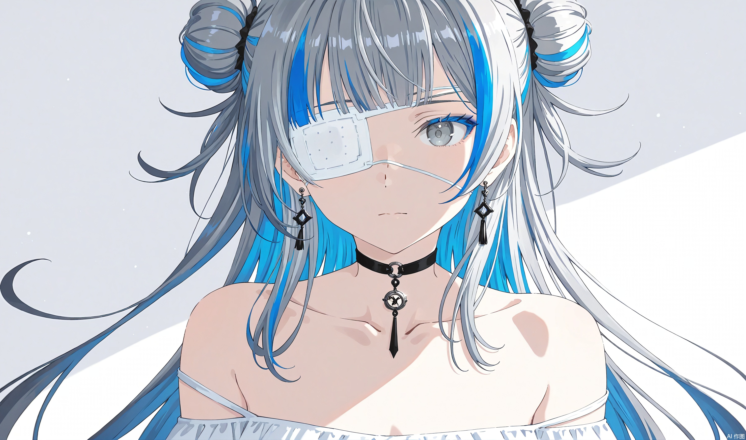 1girl, solo, long hair, looking at viewer, bangs, dress, bare shoulders, jewelry, closed mouth, blue hair, collarbone, upper body, grey hair, multicolored hair, earrings, off shoulder, hair bun, two-tone hair, streaked hair, grey eyes, double bun, eyepatch, medical eyepatch