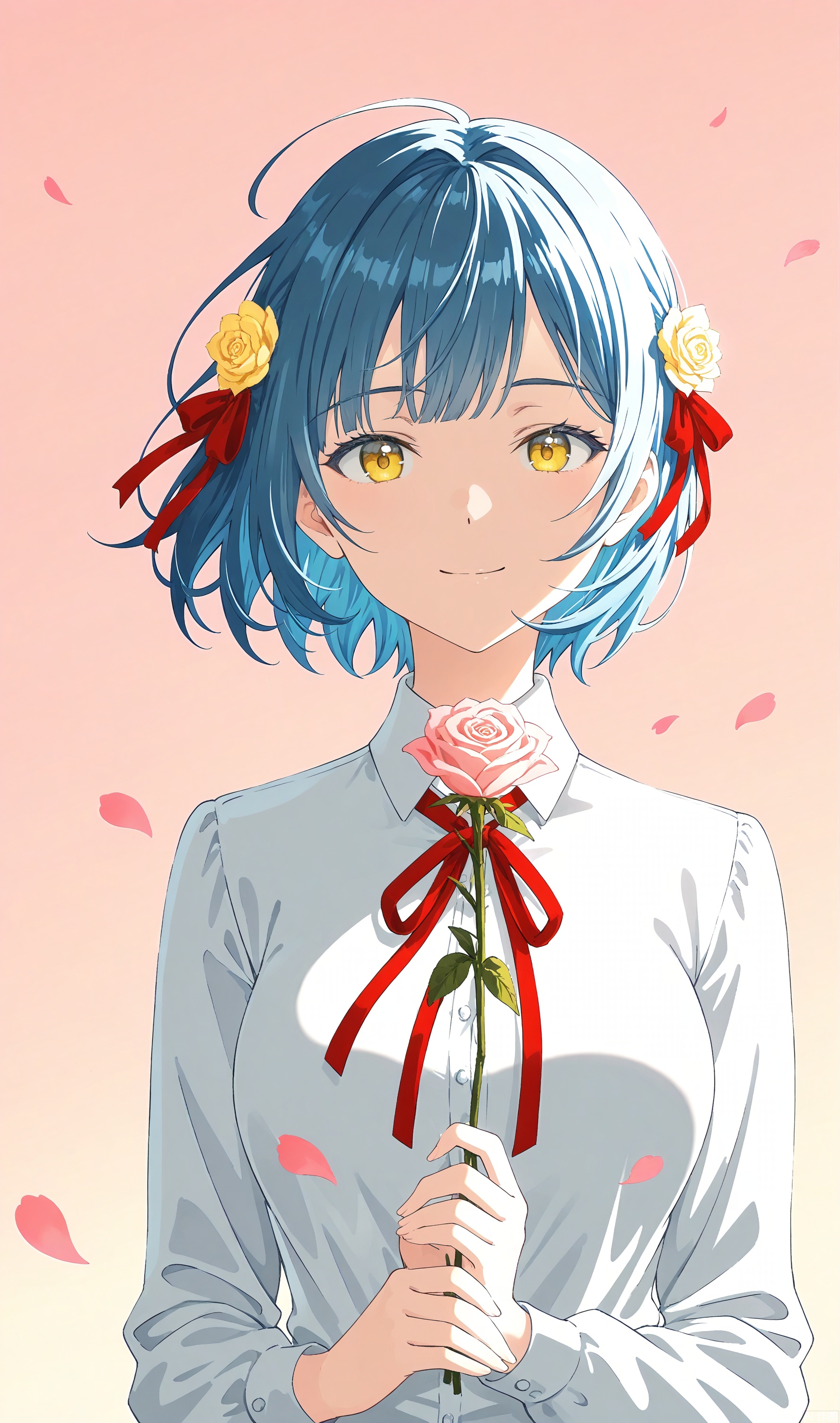 1girl, solo, breasts, looking at viewer, smile, short hair, bangs, shirt, hair ornament, long sleeves, ribbon, holding, medium breasts, closed mouth, blue hair, hair ribbon, yellow eyes, white shirt, upper body, flower, collared shirt, hair flower, red ribbon, gradient, petals, gradient background, neck ribbon, rose, pink background, pink flower, yellow flower, holding flower