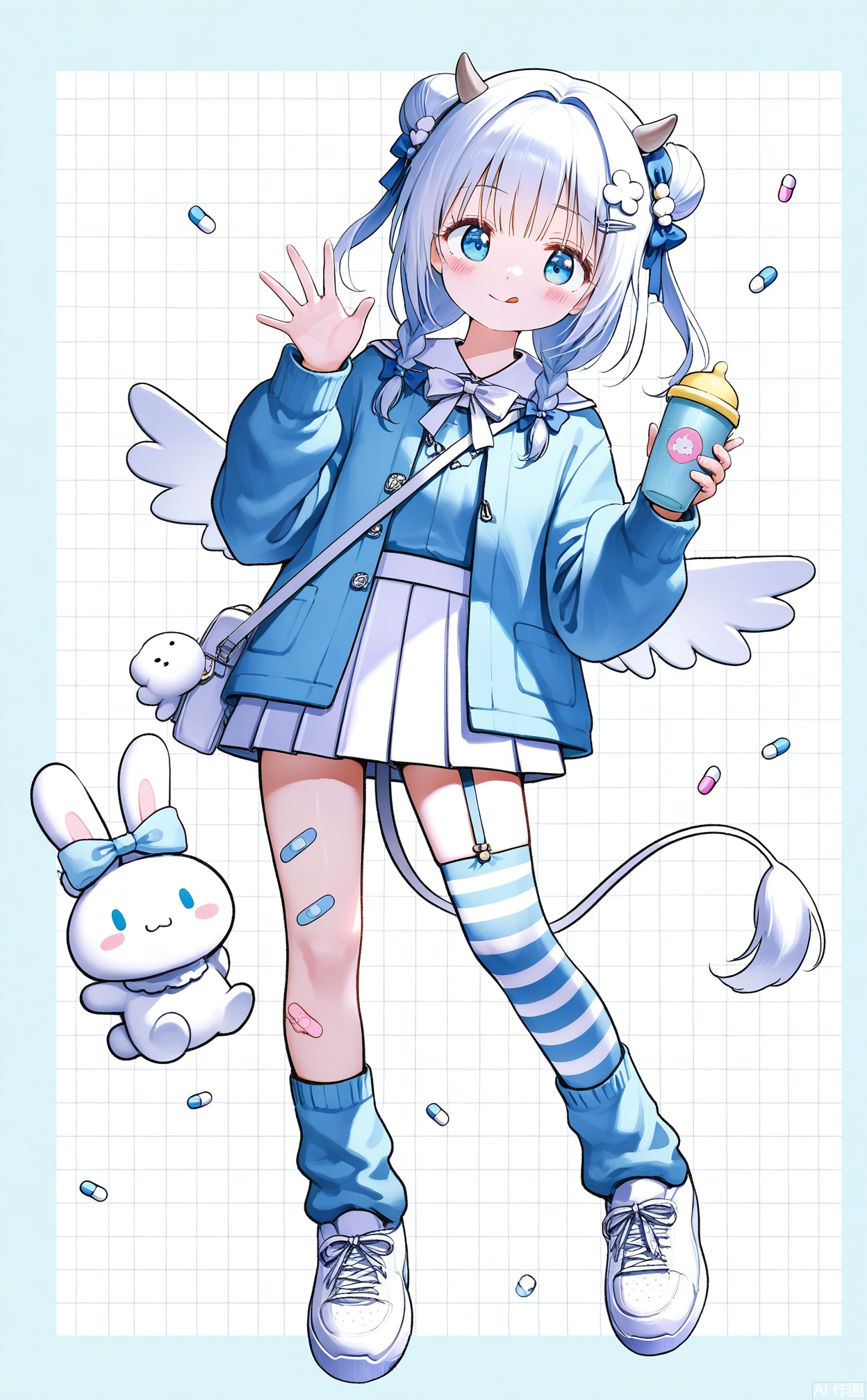 masterpiece,very aware,highres,absurdres,newest,best quality,loli,petite,high quality,chromatic_aberration,cinematic_angle,dutch angle,
//,
1girl, blue theme, bandaid, tongue out, blue eyes, long hair, striped clothes, thighhighs, striped thighhighs, tongue, holding, double bun, hair bun, twin braids, horns, loose socks, jacket, solo, bandaid on leg, bottle, white footwear, full body, bow, tail, sneakers, shoes, socks, bag, hair ornament, looking at viewer, pastel colors, braid, :q, wings, skirt, blue thighhighs, animal ears, long sleeves, holding drink, hair bow, white hair, cup, blue socks, garter straps, asymmetrical legwear, tail ornament, blue hair, single thighhigh, holding cup, cow tail, pill, disposable cup, blue border, rabbit, baby bottle, cross-laced clothes, white skirt, blush, hairclip, shoulder bag, twintails, ribbon, food, cinnamoroll, single garter strap, animal bag, stuffed toy, low twin braids, drink, smile, grid background, white bow, blue bow, blue jacket
//, 
photorealistic,Artist myowa,Artist:na-ga,(quasarcake:0.2),(wanke:0.9),[Artist:chen bin],Artist:tidsean,[Artist:sk (askzy)],(artist:tokkyu:0.5),(artist:momoko \(momopoco\):0.5),himitsu_(hi_mi_tsu_2),
//, 

