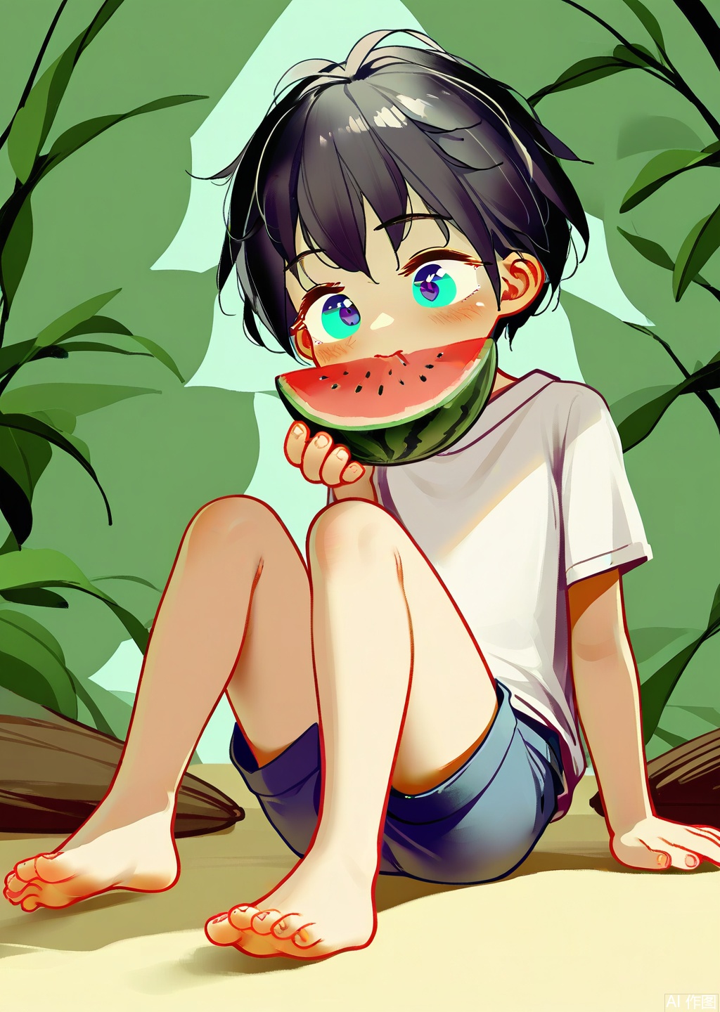 masterpiece, very aware, highs, absurdres, newest, best quality, wlop, 1shota, solo, charming eyes, eating watermelon, barefoot,