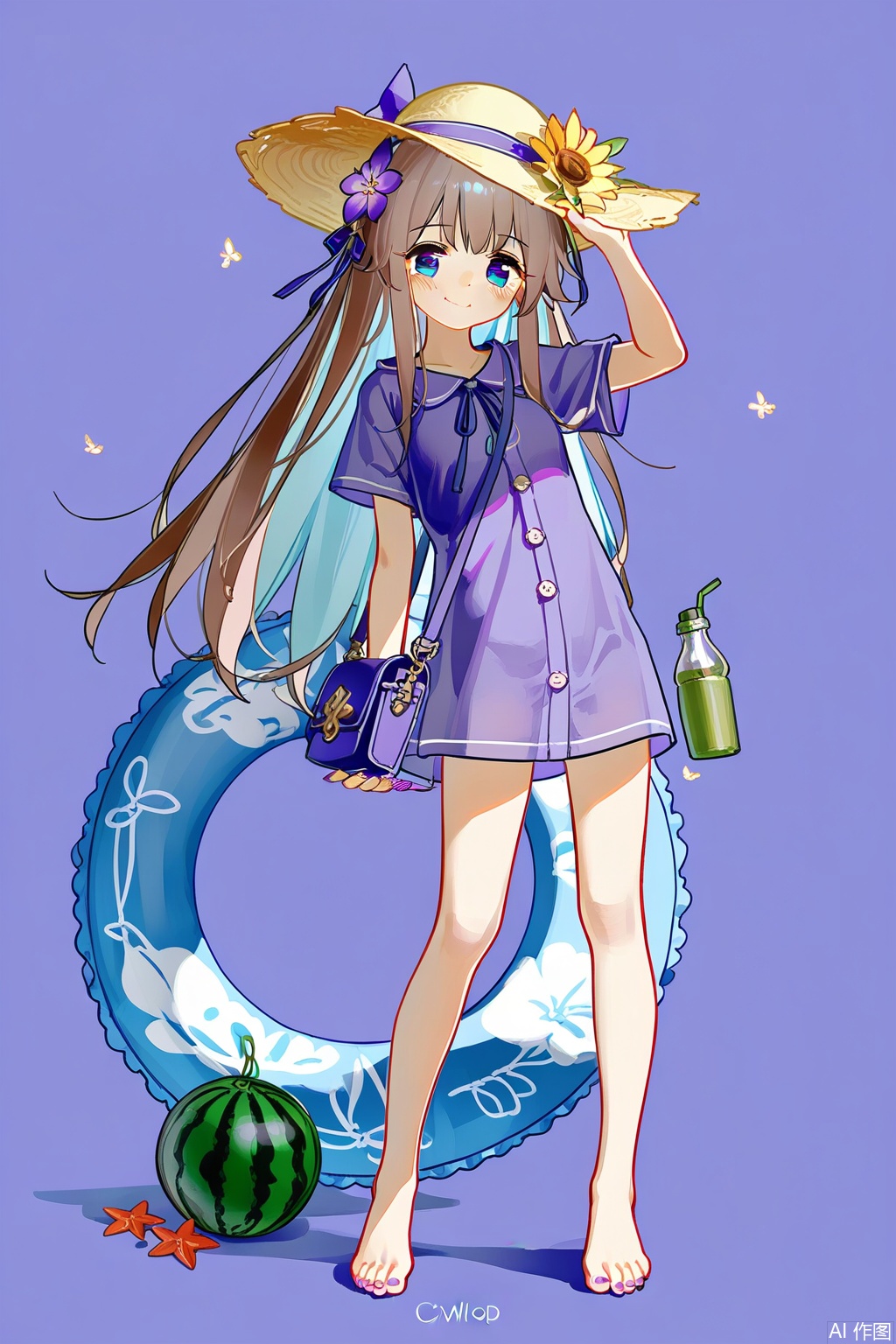 The Herta\(honkai:star rail\),
1girl, solo, long hair, breasts, looking at viewer, blush, smile, bangs, shirt, hat, bow, ribbon, holding, jewelry,  standing, full body, hair ribbon,flower, short sleeves, hair bow, food, barefoot, bag, nail polish, cup, see-through, toes, fruit, purple background, sandals, standing on one leg, shy,closed mouth,bottle, purple shirt, two-tone background, purple bow, purple nails, innertube, toenails, sun hat, drinking straw, blue ribbon, shoulder bag, straw hat, sunflower, hat flower, toenail polish, watermelon, shell,starfish.grey and brown hair,purple flower on hat,blue hair clip
 ,(Tyndall Effect 1.4), (wlop:0.6),((artist:reoen),Majo no Tabitabi,[artist:wlop],[artist:ningen_mame],artist:ciloranko,[[artist:rhasta]],artist:tidsean,colorful,best quality,very aesthetic,absurdres,32K UHD,sharp focus,best-quality,Emotionalization,temperate atmosphere,with a high-end texture,in the style of fashion photography,Dynamic, dynamic force picture, (Visual impact:1.2),impactful picture,offcial art