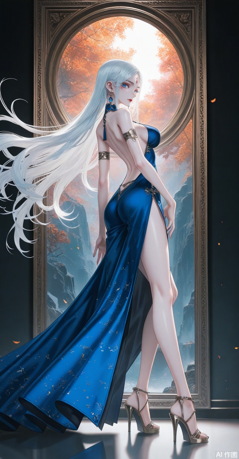 xiaobai,1girl,solo,facial mark,long hair,white hair,forehead mark,looking at viewer,lips,red lips,blue eyes,large breasts,1girl,dress,solo,high heels,blue dress,jewelry,breasts,full body,earrings,backless dress,standing,from side,legs,backless outfit,bare shoulders,ass,looking at viewer,armlet,sandals,bare legs,side slit,close-up details,outstanding style,adding a touch of dimension to your images without compromising details,whirls of vapor,iridescent textures,(Anime:1.1),ethereal ambiance,delicate details,magical high-concept,32K UHD,sharp focus,best-quality,masterpiece,golden hour,unconventional supreme masterpiece,masterful details,temperate atmosphere,with a high-end texture,in the style of fashion photography,photography,cover,dynamic angle,dynamic posture,(artist:quasarcake:0.8),extreme aesthetic,(wlop:0.6),(honjou raita, lack, rella:0.5, wanke),masterpiece,best quality,good quality,very aesthetic,absurdres,visual impact,a shot with tension,ultra-high resolution,32K UHD,sharp focus,best-quality,masterpiece,emotionalization,unconventional supreme masterpiece,masterful details,temperate atmosphere,with a high-end texture,in the style of fashion photography,(visual impact:1.2),giving the poster a dynamic and visually striking appearance,impactful picture,official art,colorful,splash of color,movie perspective,masterpiece,best quality,amazing quality,very aesthetic,absurdres,best quality,newest,