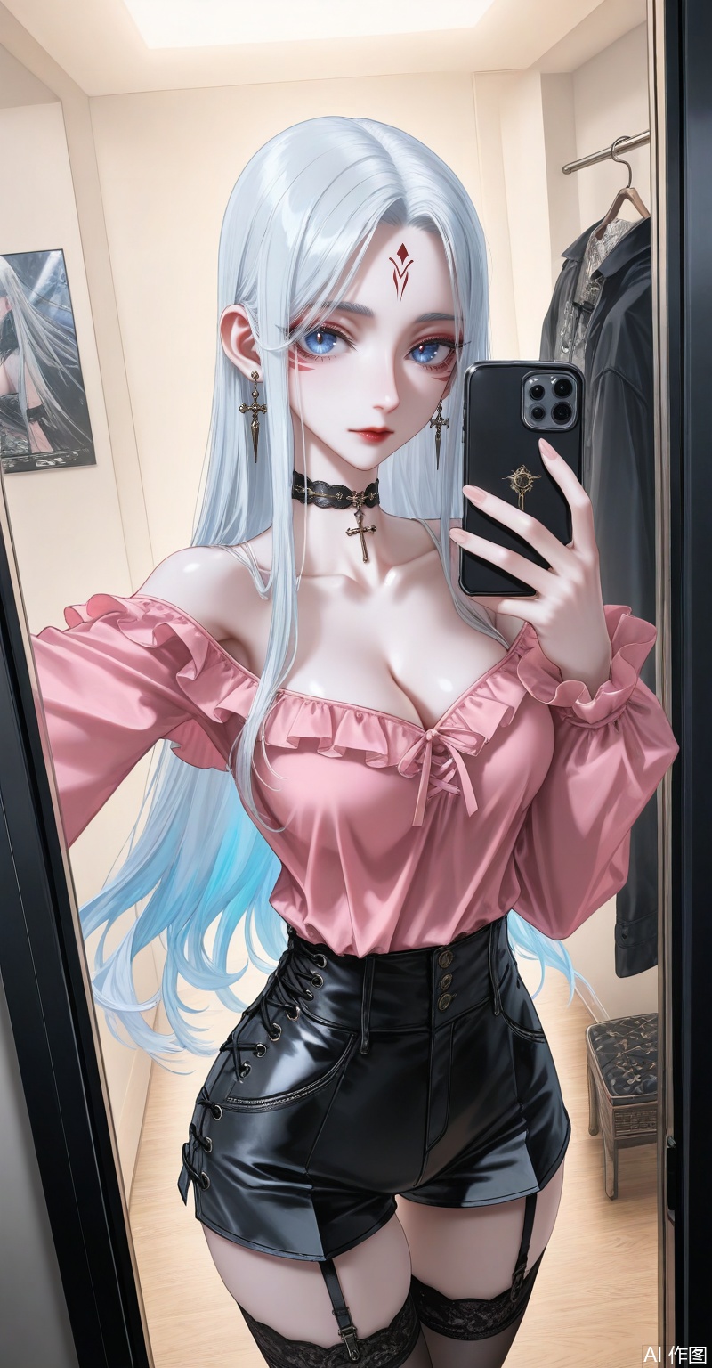 xiaobai,1girl,solo,facial mark,long hair,white hair,forehead mark,looking at viewer,lips,red lips,blue eyes,large breasts,1girl,breasts,jewelry,phone,earrings,thighhighs,choker,solo,cleavage,cellphone,black choker,holding phone,bare shoulders,holding,smartphone,shirt,garter straps,black thighhighs,off-shoulder shirt,leotard,frills,selfie,collarbone,off shoulder,pink shirt,long sleeves,cross-laced clothes,standing,clothes hanger,closed mouth,cowboy shot,high-waist shorts,thighs,indoors,large breasts,see-through,shorts,medium breasts,close-up details,outstanding style,adding a touch of dimension to your images without compromising details,whirls of vapor,iridescent textures,(Anime:1.1),ethereal ambiance,delicate details,magical high-concept,32K UHD,sharp focus,best-quality,masterpiece,golden hour,unconventional supreme masterpiece,masterful details,temperate atmosphere,with a high-end texture,in the style of fashion photography,photography,cover,dynamic angle,dynamic posture,(artist:quasarcake:0.8),extreme aesthetic,(wlop:0.6),(honjou raita, lack, rella:0.5, wanke),masterpiece,best quality,good quality,very aesthetic,absurdres,visual impact,a shot with tension,ultra-high resolution,32K UHD,sharp focus,best-quality,masterpiece,emotionalization,unconventional supreme masterpiece,masterful details,temperate atmosphere,with a high-end texture,in the style of fashion photography,(visual impact:1.2),giving the poster a dynamic and visually striking appearance,impactful picture,official art,colorful,splash of color,movie perspective,masterpiece,best quality,amazing quality,very aesthetic,absurdres,best quality,newest,