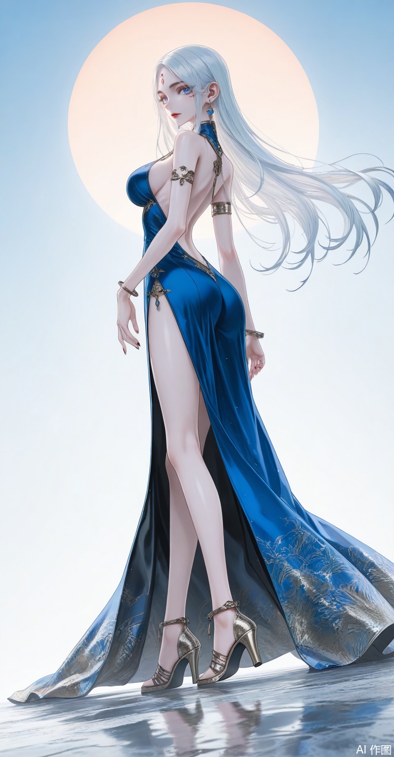 xiaobai,1girl,solo,facial mark,long hair,white hair,forehead mark,looking at viewer,lips,red lips,blue eyes,large breasts,1girl,dress,solo,high heels,blue dress,jewelry,breasts,full body,earrings,backless dress,standing,from side,legs,backless outfit,bare shoulders,ass,looking at viewer,armlet,sandals,bare legs,side slit,close-up details,outstanding style,adding a touch of dimension to your images without compromising details,whirls of vapor,iridescent textures,(Anime:1.1),ethereal ambiance,delicate details,magical high-concept,32K UHD,sharp focus,best-quality,masterpiece,golden hour,unconventional supreme masterpiece,masterful details,temperate atmosphere,with a high-end texture,in the style of fashion photography,photography,cover,dynamic angle,dynamic posture,(artist:quasarcake:0.8),extreme aesthetic,(wlop:0.6),(honjou raita, lack, rella:0.5, wanke),masterpiece,best quality,good quality,very aesthetic,absurdres,visual impact,a shot with tension,ultra-high resolution,32K UHD,sharp focus,best-quality,masterpiece,emotionalization,unconventional supreme masterpiece,masterful details,temperate atmosphere,with a high-end texture,in the style of fashion photography,(visual impact:1.2),giving the poster a dynamic and visually striking appearance,impactful picture,official art,colorful,splash of color,movie perspective,masterpiece,best quality,amazing quality,very aesthetic,absurdres,best quality,newest,