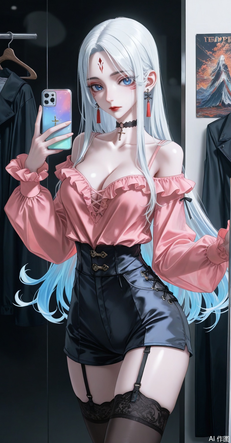 xiaobai,1girl,solo,facial mark,long hair,white hair,forehead mark,looking at viewer,lips,red lips,blue eyes,large breasts,1girl,breasts,jewelry,phone,earrings,thighhighs,choker,solo,cleavage,cellphone,black choker,holding phone,bare shoulders,holding,smartphone,shirt,garter straps,black thighhighs,off-shoulder shirt,leotard,frills,selfie,collarbone,off shoulder,pink shirt,long sleeves,cross-laced clothes,standing,clothes hanger,closed mouth,cowboy shot,high-waist shorts,thighs,indoors,large breasts,see-through,shorts,medium breasts,close-up details,outstanding style,adding a touch of dimension to your images without compromising details,whirls of vapor,iridescent textures,(Anime:1.1),ethereal ambiance,delicate details,magical high-concept,32K UHD,sharp focus,best-quality,masterpiece,golden hour,unconventional supreme masterpiece,masterful details,temperate atmosphere,with a high-end texture,in the style of fashion photography,photography,cover,dynamic angle,dynamic posture,(artist:quasarcake:0.8),extreme aesthetic,(wlop:0.6),(honjou raita, lack, rella:0.5, wanke),masterpiece,best quality,good quality,very aesthetic,absurdres,visual impact,a shot with tension,ultra-high resolution,32K UHD,sharp focus,best-quality,masterpiece,emotionalization,unconventional supreme masterpiece,masterful details,temperate atmosphere,with a high-end texture,in the style of fashion photography,(visual impact:1.2),giving the poster a dynamic and visually striking appearance,impactful picture,official art,colorful,splash of color,movie perspective,masterpiece,best quality,amazing quality,very aesthetic,absurdres,best quality,newest,