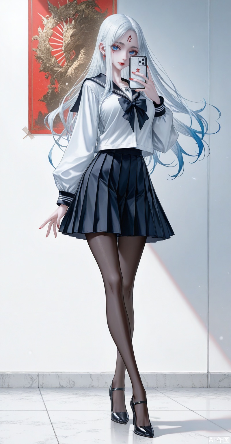 xiaobai,1girl,solo,facial mark,long hair,white hair,forehead mark,looking at viewer,lips,red lips,blue eyes,large breasts,1girl, pantyhose, solo, school uniform, skirt, phone, selfie, cellphone, serafuku, smartphone, holding phone, black pantyhose, high heels, full body, holding, bow, crossed legs, standing,close-up details,outstanding style,adding a touch of dimension to your images without compromising details,whirls of vapor,iridescent textures,(Anime:1.1),ethereal ambiance,delicate details,magical high-concept,32K UHD,sharp focus,best-quality,masterpiece,golden hour,unconventional supreme masterpiece,masterful details,temperate atmosphere,with a high-end texture,in the style of fashion photography,photography,cover,dynamic angle,dynamic posture,(artist:quasarcake:0.8),extreme aesthetic,(wlop:0.6),(honjou raita, lack, rella:0.5, wanke),masterpiece,best quality,good quality,very aesthetic,absurdres,visual impact,a shot with tension,ultra-high resolution,32K UHD,sharp focus,best-quality,masterpiece,emotionalization,unconventional supreme masterpiece,masterful details,temperate atmosphere,with a high-end texture,in the style of fashion photography,(visual impact:1.2),giving the poster a dynamic and visually striking appearance,impactful picture,official art,colorful,splash of color,movie perspective,masterpiece,best quality,amazing quality,very aesthetic,absurdres,best quality,newest,