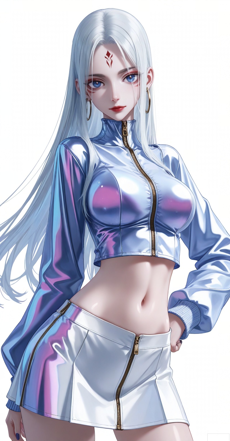 xiaobai,1girl,solo,facial mark,long hair,white hair,forehead mark,looking at viewer,lips,red lips,blue eyes,large breasts,1girl,solo,skirt,earrings,zipper,jewelry,see-through,navel,hand on own hip,crop top,looking at viewer,midriff,shiny clothes,zipper pull tab,long sleeves,white background,simple background,nail polish,white skirt,jacket,cowboy shot,miniskirt,closed mouth,breasts,lips,hoop earrings,latex,contrapposto,standing,close-up details,outstanding style,adding a touch of dimension to your images without compromising details,whirls of vapor,iridescent textures,(Anime:1.1),ethereal ambiance,delicate details,magical high-concept,32K UHD,sharp focus,best-quality,masterpiece,golden hour,unconventional supreme masterpiece,masterful details,temperate atmosphere,with a high-end texture,in the style of fashion photography,photography,cover,dynamic angle,dynamic posture,(artist:quasarcake:0.8),extreme aesthetic,(wlop:0.6),(honjou raita, lack, rella:0.5, wanke),masterpiece,best quality,good quality,very aesthetic,absurdres,visual impact,a shot with tension,ultra-high resolution,32K UHD,sharp focus,best-quality,masterpiece,emotionalization,unconventional supreme masterpiece,masterful details,temperate atmosphere,with a high-end texture,in the style of fashion photography,(visual impact:1.2),giving the poster a dynamic and visually striking appearance,impactful picture,official art,colorful,splash of color,movie perspective,masterpiece,best quality,amazing quality,very aesthetic,absurdres,best quality,newest,