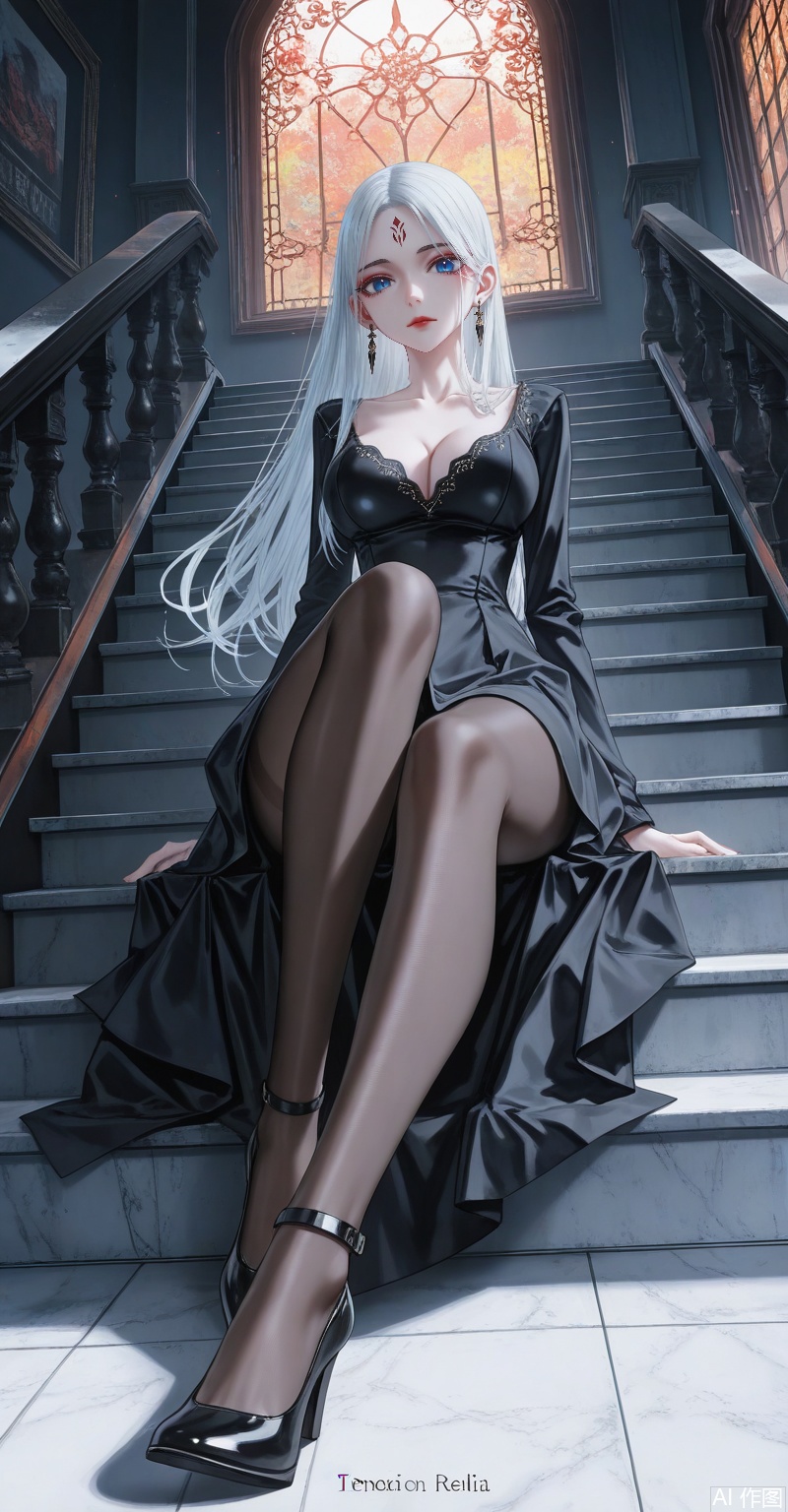 xiaobai,1girl,solo,facial mark,long hair,white hair,forehead mark,looking at viewer,lips,red lips,blue eyes,large breasts,1girl,breasts,stairs,solo,jewelry,earrings,high heels,pantyhose,sitting,cleavage,dress,black dress,looking at viewer,large breasts,window,indoors,black pantyhose,black footwear,sitting on stairs,collarbone,forehead,long sleeves,legs,feet,patreon username,shoes,closed mouth,close-up details,outstanding style,adding a touch of dimension to your images without compromising details,whirls of vapor,iridescent textures,(Anime:1.1),ethereal ambiance,delicate details,magical high-concept,32K UHD,sharp focus,best-quality,masterpiece,golden hour,unconventional supreme masterpiece,masterful details,temperate atmosphere,with a high-end texture,in the style of fashion photography,photography,cover,dynamic angle,dynamic posture,(artist:quasarcake:0.8),extreme aesthetic,(wlop:0.6),(honjou raita, lack, rella:0.5, wanke),masterpiece,best quality,good quality,very aesthetic,absurdres,visual impact,a shot with tension,ultra-high resolution,32K UHD,sharp focus,best-quality,masterpiece,emotionalization,unconventional supreme masterpiece,masterful details,temperate atmosphere,with a high-end texture,in the style of fashion photography,(visual impact:1.2),giving the poster a dynamic and visually striking appearance,impactful picture,official art,colorful,splash of color,movie perspective,masterpiece,best quality,amazing quality,very aesthetic,absurdres,best quality,newest,