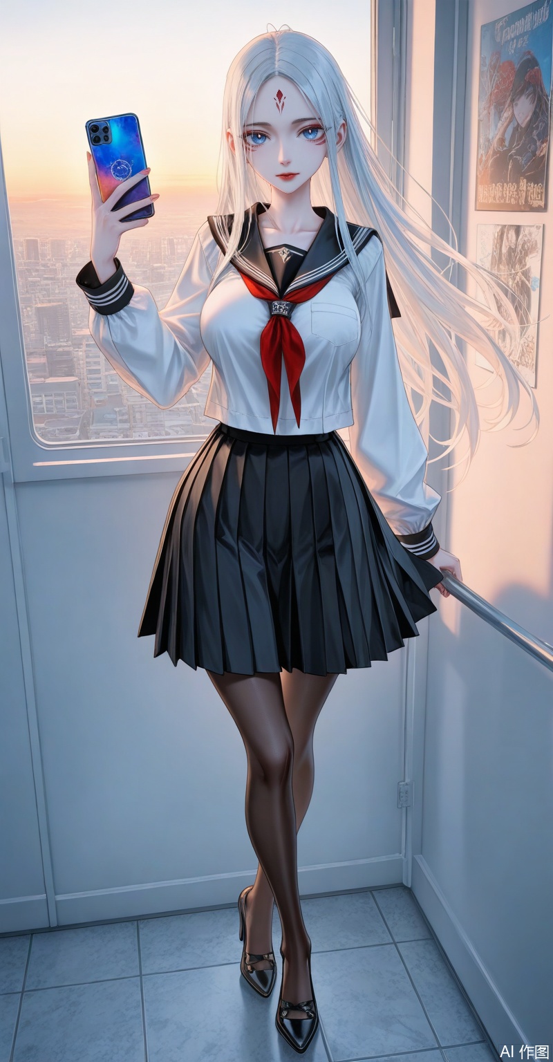 xiaobai,1girl,solo,facial mark,long hair,white hair,forehead mark,looking at viewer,lips,red lips,blue eyes,large breasts,1girl, pantyhose, solo, school uniform, skirt, phone, selfie, cellphone, serafuku, smartphone, holding phone, black pantyhose, high heels, full body, holding, bow, crossed legs, standing,close-up details,outstanding style,adding a touch of dimension to your images without compromising details,whirls of vapor,iridescent textures,(Anime:1.1),ethereal ambiance,delicate details,magical high-concept,32K UHD,sharp focus,best-quality,masterpiece,golden hour,unconventional supreme masterpiece,masterful details,temperate atmosphere,with a high-end texture,in the style of fashion photography,photography,cover,dynamic angle,dynamic posture,(artist:quasarcake:0.8),extreme aesthetic,(wlop:0.6),(honjou raita, lack, rella:0.5, wanke),masterpiece,best quality,good quality,very aesthetic,absurdres,visual impact,a shot with tension,ultra-high resolution,32K UHD,sharp focus,best-quality,masterpiece,emotionalization,unconventional supreme masterpiece,masterful details,temperate atmosphere,with a high-end texture,in the style of fashion photography,(visual impact:1.2),giving the poster a dynamic and visually striking appearance,impactful picture,official art,colorful,splash of color,movie perspective,masterpiece,best quality,amazing quality,very aesthetic,absurdres,best quality,newest,
