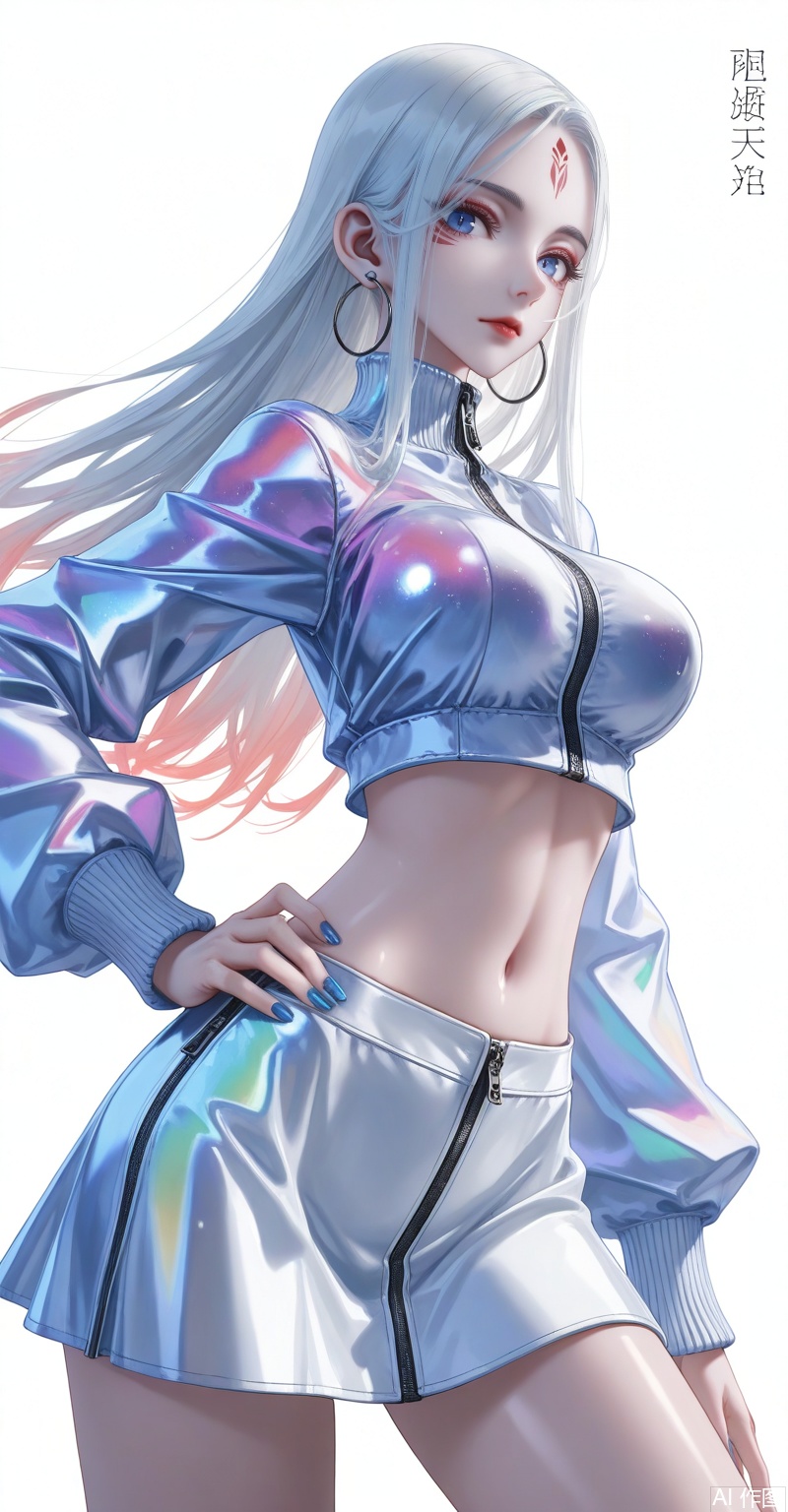 xiaobai,1girl,solo,facial mark,long hair,white hair,forehead mark,looking at viewer,lips,red lips,blue eyes,large breasts,1girl,solo,skirt,earrings,zipper,jewelry,see-through,navel,hand on own hip,crop top,looking at viewer,midriff,shiny clothes,zipper pull tab,long sleeves,white background,simple background,nail polish,white skirt,jacket,cowboy shot,miniskirt,closed mouth,breasts,lips,hoop earrings,latex,contrapposto,standing,close-up details,outstanding style,adding a touch of dimension to your images without compromising details,whirls of vapor,iridescent textures,(Anime:1.1),ethereal ambiance,delicate details,magical high-concept,32K UHD,sharp focus,best-quality,masterpiece,golden hour,unconventional supreme masterpiece,masterful details,temperate atmosphere,with a high-end texture,in the style of fashion photography,photography,cover,dynamic angle,dynamic posture,(artist:quasarcake:0.8),extreme aesthetic,(wlop:0.6),(honjou raita, lack, rella:0.5, wanke),masterpiece,best quality,good quality,very aesthetic,absurdres,visual impact,a shot with tension,ultra-high resolution,32K UHD,sharp focus,best-quality,masterpiece,emotionalization,unconventional supreme masterpiece,masterful details,temperate atmosphere,with a high-end texture,in the style of fashion photography,(visual impact:1.2),giving the poster a dynamic and visually striking appearance,impactful picture,official art,colorful,splash of color,movie perspective,masterpiece,best quality,amazing quality,very aesthetic,absurdres,best quality,newest,