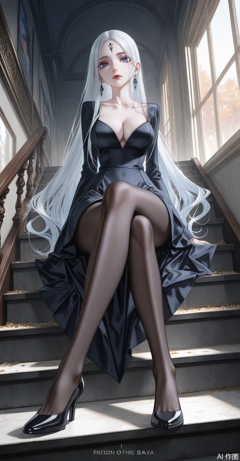 xiaobai,1girl,solo,facial mark,long hair,white hair,forehead mark,looking at viewer,lips,red lips,blue eyes,large breasts,1girl,breasts,stairs,solo,jewelry,earrings,high heels,pantyhose,sitting,cleavage,dress,black dress,looking at viewer,large breasts,window,indoors,black pantyhose,black footwear,sitting on stairs,collarbone,forehead,long sleeves,legs,feet,patreon username,shoes,closed mouth,close-up details,outstanding style,adding a touch of dimension to your images without compromising details,whirls of vapor,iridescent textures,(Anime:1.1),ethereal ambiance,delicate details,magical high-concept,32K UHD,sharp focus,best-quality,masterpiece,golden hour,unconventional supreme masterpiece,masterful details,temperate atmosphere,with a high-end texture,in the style of fashion photography,photography,cover,dynamic angle,dynamic posture,(artist:quasarcake:0.8),extreme aesthetic,(wlop:0.6),(honjou raita, lack, rella:0.5, wanke),masterpiece,best quality,good quality,very aesthetic,absurdres,visual impact,a shot with tension,ultra-high resolution,32K UHD,sharp focus,best-quality,masterpiece,emotionalization,unconventional supreme masterpiece,masterful details,temperate atmosphere,with a high-end texture,in the style of fashion photography,(visual impact:1.2),giving the poster a dynamic and visually striking appearance,impactful picture,official art,colorful,splash of color,movie perspective,masterpiece,best quality,amazing quality,very aesthetic,absurdres,best quality,newest,