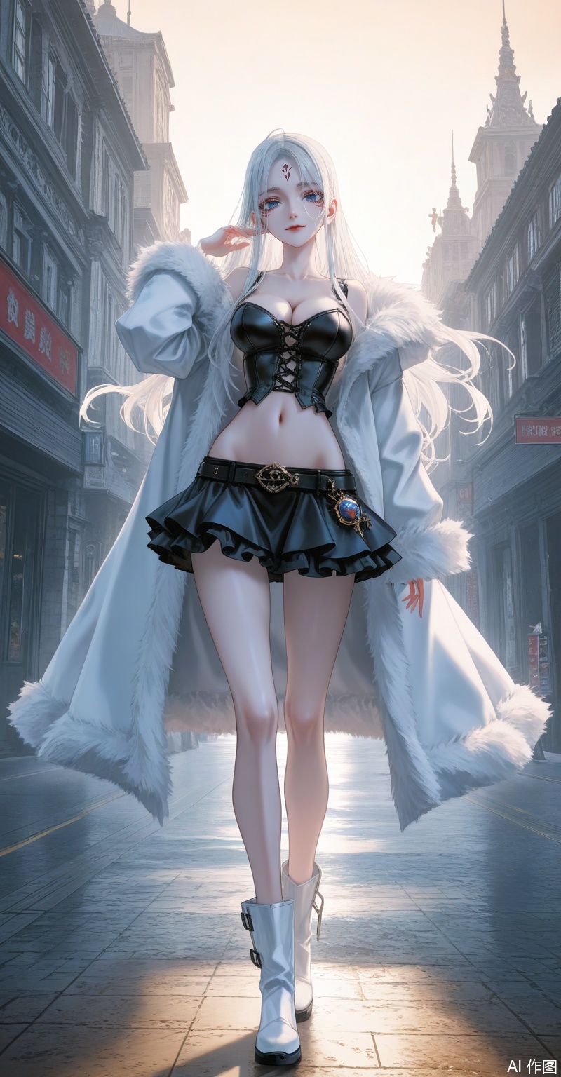 xiaobai,1girl,solo,facial mark,long hair,white hair,forehead mark,looking at viewer,lips,red lips,blue eyes,large breasts,1girl, breasts, solo, skirt, navel, midriff, miniskirt, white footwear, boots, cleavage, fur trim, full body, coat, groin, large breasts, white coat, standing, crop top, collarbone, stomach, belt, long sleeves, black skirt, cross-laced clothes, smile, fur coat, looking at viewer, open clothes, closed mouth, frills, hand up, frilled skirt, bustier,close-up details,outstanding style,adding a touch of dimension to your images without compromising details,whirls of vapor,iridescent textures,(Anime:1.1),ethereal ambiance,delicate details,magical high-concept,32K UHD,sharp focus,best-quality,masterpiece,golden hour,unconventional supreme masterpiece,masterful details,temperate atmosphere,with a high-end texture,in the style of fashion photography,photography,cover,dynamic angle,dynamic posture,(artist:quasarcake:0.8),extreme aesthetic,(wlop:0.6),(honjou raita, lack, rella:0.5, wanke),masterpiece,best quality,good quality,very aesthetic,absurdres,visual impact,a shot with tension,ultra-high resolution,32K UHD,sharp focus,best-quality,masterpiece,emotionalization,unconventional supreme masterpiece,masterful details,temperate atmosphere,with a high-end texture,in the style of fashion photography,(visual impact:1.2),giving the poster a dynamic and visually striking appearance,impactful picture,official art,colorful,splash of color,movie perspective,masterpiece,best quality,amazing quality,very aesthetic,absurdres,best quality,newest,