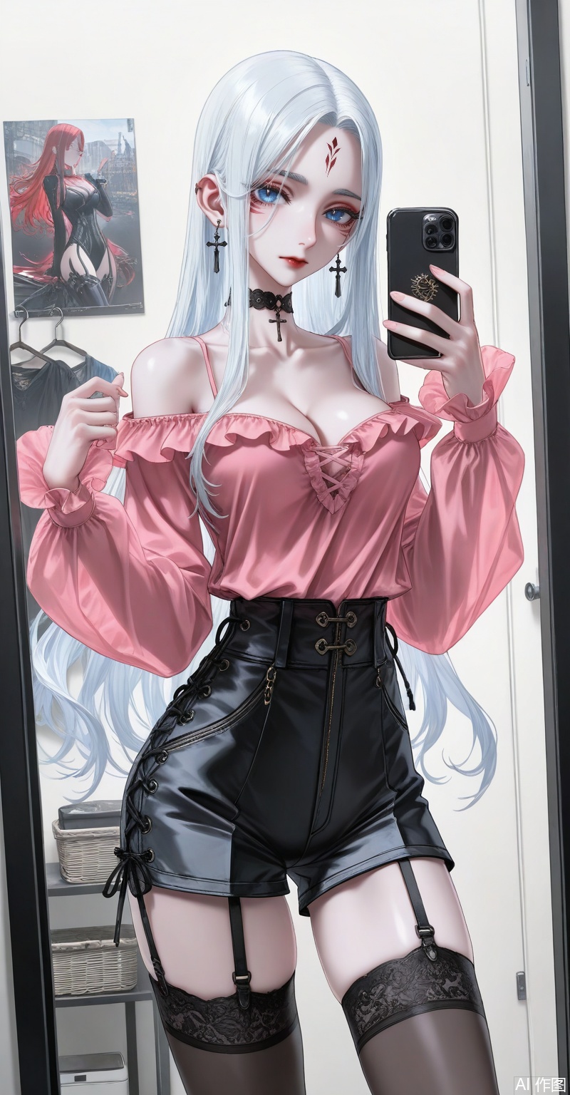 xiaobai,1girl,solo,facial mark,long hair,white hair,forehead mark,looking at viewer,lips,red lips,blue eyes,large breasts,1girl,breasts,jewelry,phone,earrings,thighhighs,choker,solo,cleavage,cellphone,black choker,holding phone,bare shoulders,holding,smartphone,shirt,garter straps,black thighhighs,off-shoulder shirt,leotard,frills,selfie,collarbone,off shoulder,pink shirt,long sleeves,cross-laced clothes,standing,clothes hanger,closed mouth,cowboy shot,high-waist shorts,thighs,indoors,large breasts,see-through,shorts,medium breasts,close-up details,outstanding style,adding a touch of dimension to your images without compromising details,whirls of vapor,iridescent textures,(Anime:1.1),ethereal ambiance,delicate details,magical high-concept,32K UHD,sharp focus,best-quality,masterpiece,golden hour,unconventional supreme masterpiece,masterful details,temperate atmosphere,with a high-end texture,in the style of fashion photography,photography,cover,dynamic angle,dynamic posture,(artist:quasarcake:0.8),extreme aesthetic,(wlop:0.6),(honjou raita, lack, rella:0.5, wanke),masterpiece,best quality,good quality,very aesthetic,absurdres,visual impact,a shot with tension,ultra-high resolution,32K UHD,sharp focus,best-quality,masterpiece,emotionalization,unconventional supreme masterpiece,masterful details,temperate atmosphere,with a high-end texture,in the style of fashion photography,(visual impact:1.2),giving the poster a dynamic and visually striking appearance,impactful picture,official art,colorful,splash of color,movie perspective,masterpiece,best quality,amazing quality,very aesthetic,absurdres,best quality,newest,