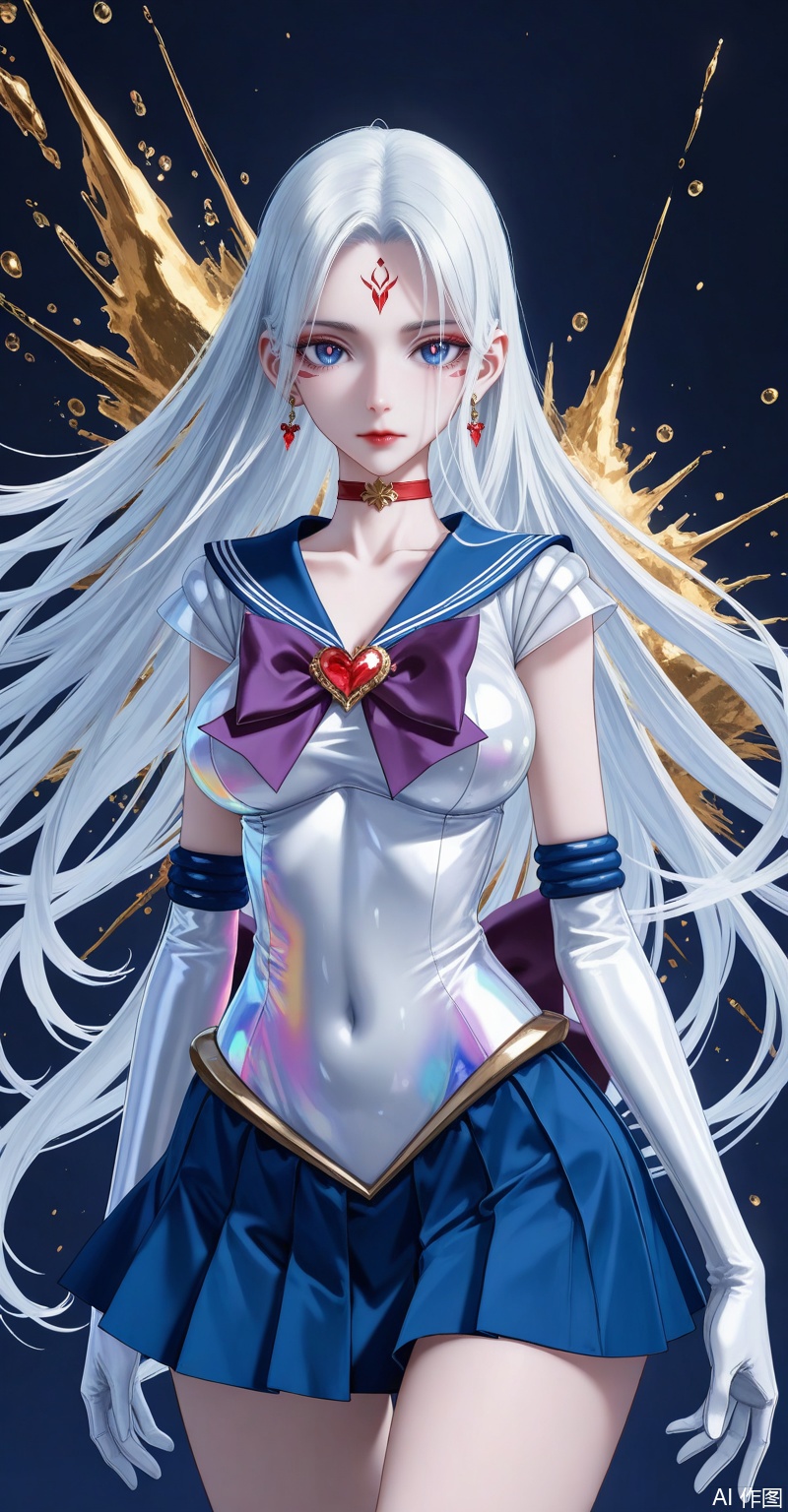 xiaobai,1girl,solo,facial mark,long hair,white hair,forehead mark,looking at viewer,lips,red lips,blue eyes,large breasts,1girl,sailor senshi uniform,solo,jewelry,skirt,gloves,earrings,blue skirt,white gloves,sailor collar,bow,breasts,choker,elbow gloves,magical girl,back bow,covered navel,pleated skirt,looking at viewer,brooch,purple bow,heart brooch,red choker,miniskirt,closed mouth,large breasts,collarbone,red gemstone,tiara,cowboy shot,close-up details,outstanding style,adding a touch of dimension to your images without compromising details,whirls of vapor,iridescent textures,(Anime:1.1),ethereal ambiance,delicate details,magical high-concept,32K UHD,sharp focus,best-quality,masterpiece,golden hour,unconventional supreme masterpiece,masterful details,temperate atmosphere,with a high-end texture,in the style of fashion photography,photography,cover,dynamic angle,dynamic posture,(artist:quasarcake:0.8),extreme aesthetic,(wlop:0.6),(honjou raita, lack, rella:0.5, wanke),masterpiece,best quality,good quality,very aesthetic,absurdres,visual impact,a shot with tension,ultra-high resolution,32K UHD,sharp focus,best-quality,masterpiece,emotionalization,unconventional supreme masterpiece,masterful details,temperate atmosphere,with a high-end texture,in the style of fashion photography,(visual impact:1.2),giving the poster a dynamic and visually striking appearance,impactful picture,official art,colorful,splash of color,movie perspective,masterpiece,best quality,amazing quality,very aesthetic,absurdres,best quality,newest,
